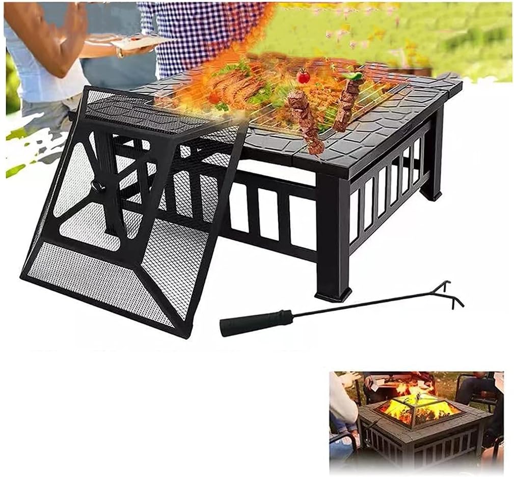 32Inch Outdoor Fire Pit Table, Wood Burning Firepit with Waterproof Cover,Spark Screen and Grill, Metal Square Firepits Grill and Grate for Garden,Patio,Yard and Camping