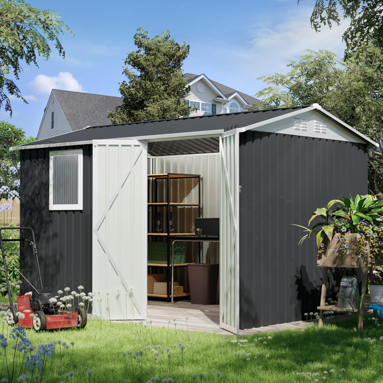9 * 6 FT Metal Garden Storage Sheds for Patio Backyard Tools House Storage Shed with One Window (9.5 x6.7 FT)