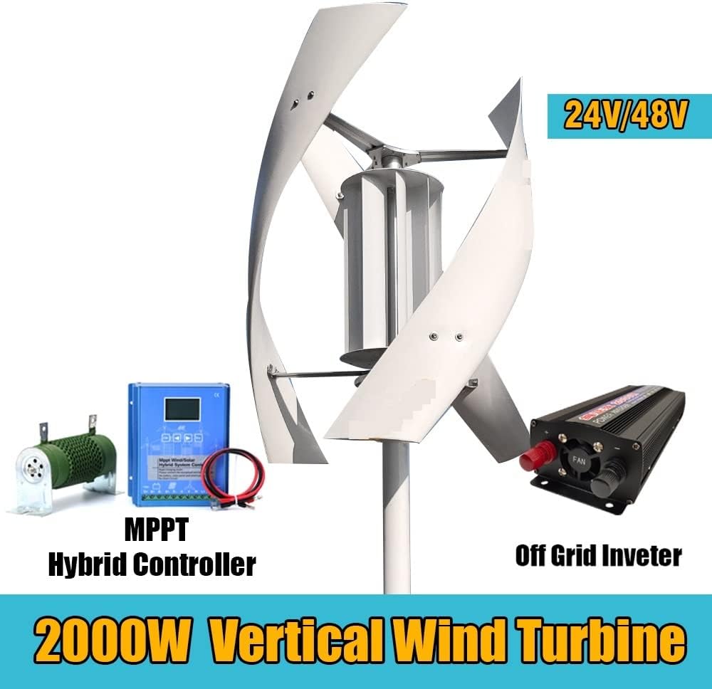 Wind Turbine Generator Kit, 2000w Vertical Axis Wind Turbine Generator Complete Set 48v Windmill AC Output Household Kit with Controller Inverter for Hybrid Solar Wind System(48V)