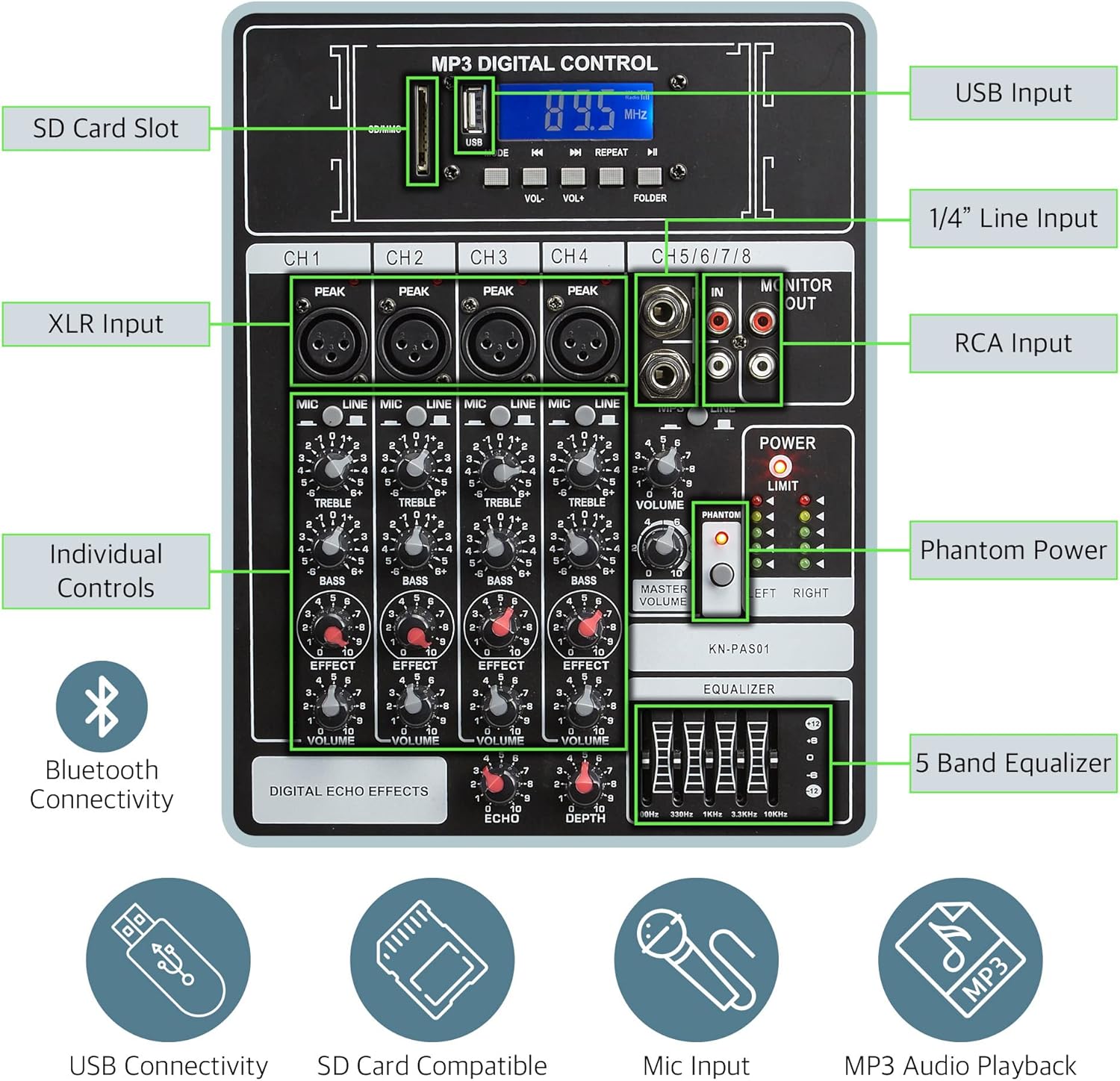 Knox Gear Dual Speaker and Mixer Set–Portable 8” 300 Watt DJ PA System with Wired Microphone & Tripod Stands, Amplifier, Bluetooth, USB, SD, 1/4” Line RCA, XLR Inputs, Ideal for a Party or Event