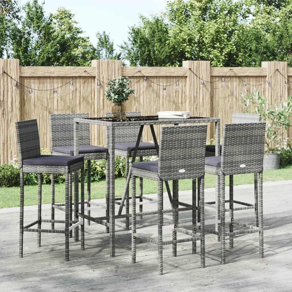Furniture Sets 7 Piece Patio Bar Set with Cushions Gray Poly Rattan,Premium 7Piece Outdoor Garden Bar Set with Cushions: Stylish and Durable for Patio and Outdoor Living Garden Conversation Sets