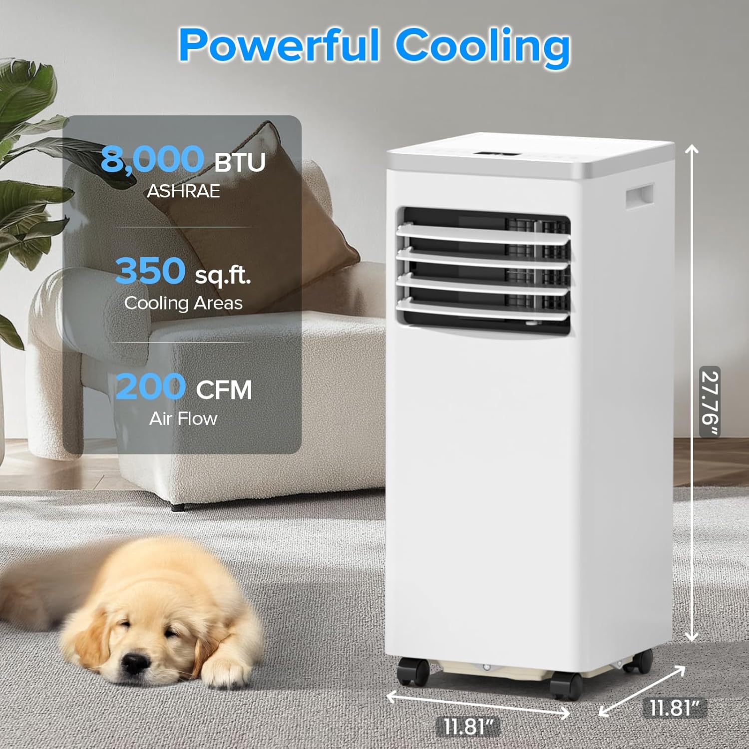 ZAFRO Portable Air Conditioner 8000 BTU (ASHRAE) Cools up to 350 Sq. Ft., Remote Control, LED Display, 4-in-1 Modes Portable AC Unit with Window Kits for Bedroom, Home, Dorm, Office, White
