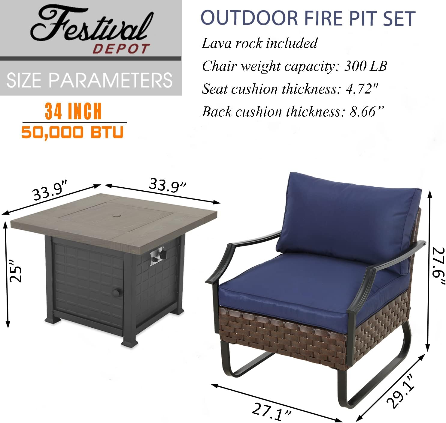 Festival Depot Fire Pit Table Set of Propane Fire Table and 4 Wicker Chairs with Thick Cushions for Patio Rattan Outdoor Furniture, CSA Certification, blue