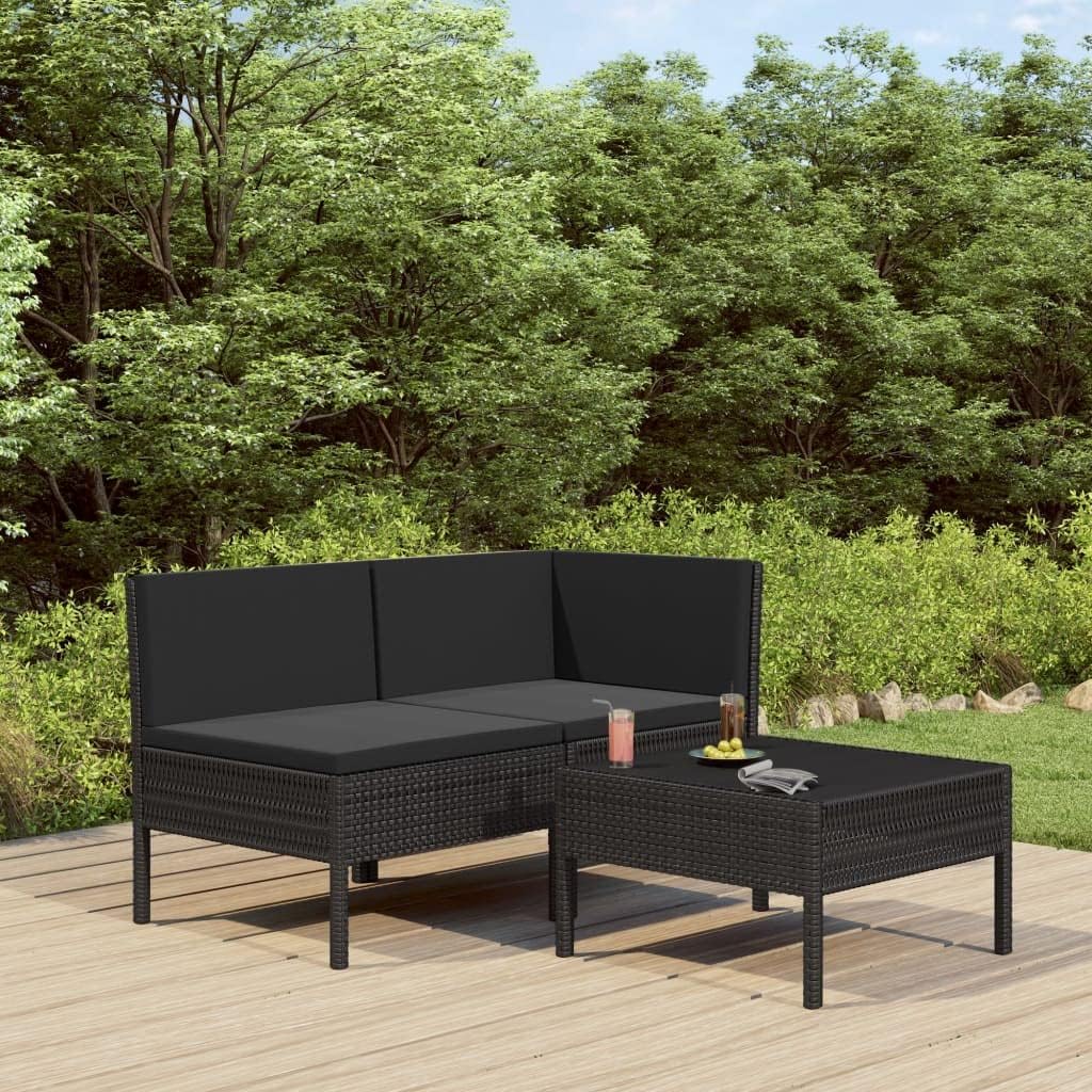3 Piece Patio Lounge Set with Cushions Poly Rattan Black Garden Furniture