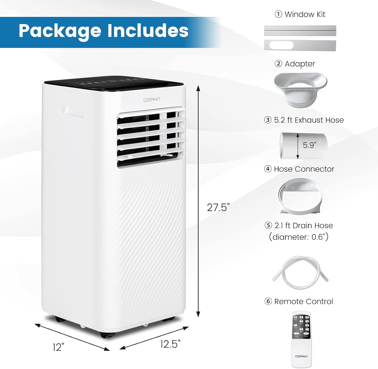 COSTWAY Portable Air Conditioner, 10000 BTU AC Unit with Cool, Fan, Dehumidifier & Sleep Mode for Rooms up to 350 Sq.Ft, with 24H Timer, Child Lock, Remote Control & Window Kit (White and Black)