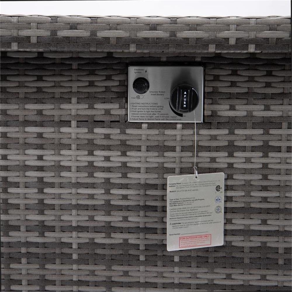 LeisureMod 44-Inch Propane Fire Pit Table, 50,000 BTU Auto-Ignition Gas Fire Pit with Lid, Tempered Glass Wind Guard & Decorative Stones, Grey