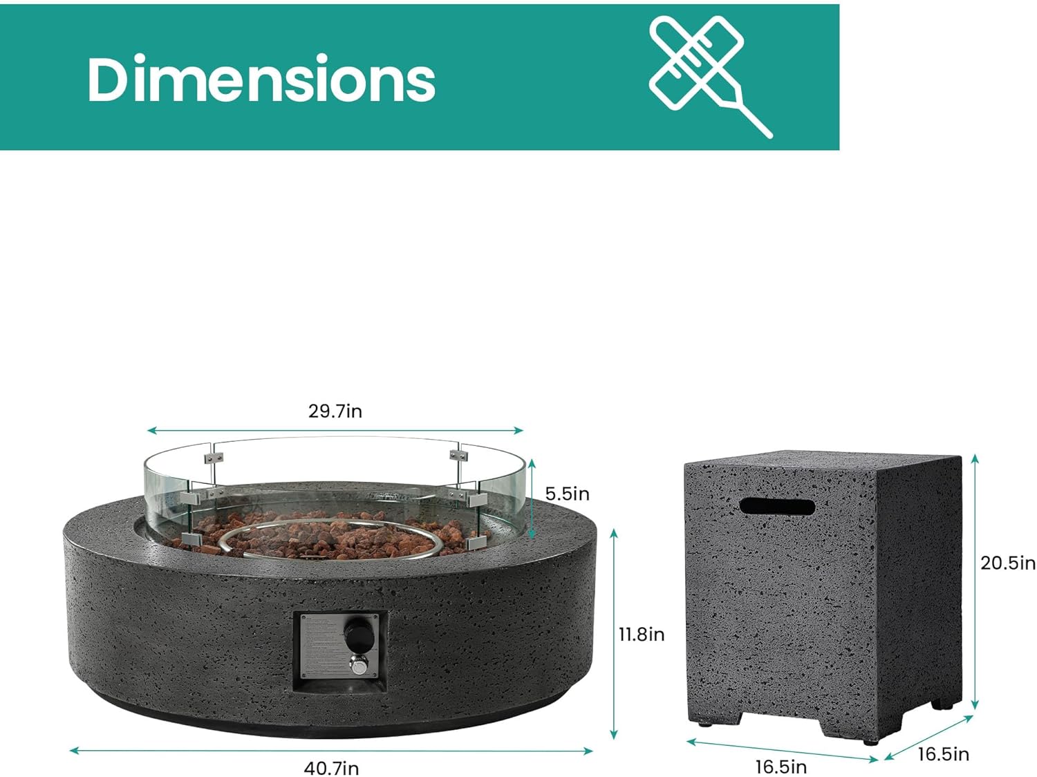 SUNBURY 42in Round Outdoor Fire Pit, Propane Gas Patio Fire Table, CSA Certified, 50000 BTU Firepit with Lava Rocks, Wind Guard, Propane Tank Cover, Waterproof Cover (Grey)