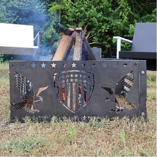 Patriotic Eagles Steel Fire Pit - Metal Outdoor Backyard Fire Ring (Raw Steel, 35