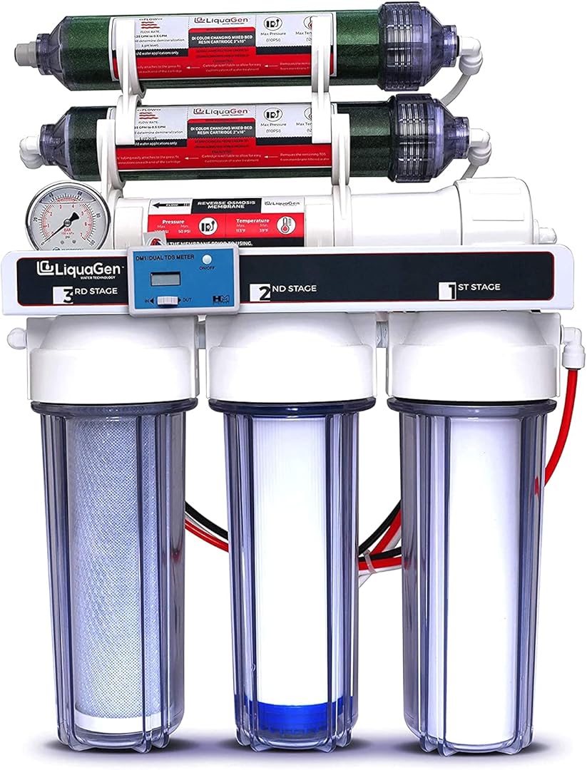 LiquaGen - 6 Stage Reverse Osmosis + Deionization (RO/DI) Water Filter System w/Glycerin Filled Pressure Gauge - 100 GPD | Under Sink Water Filter Machine for Aquarium Water Purification