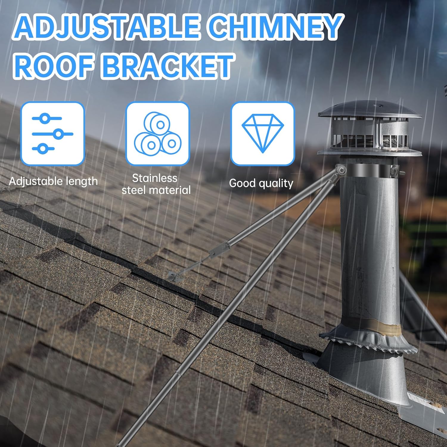 10” Stainless Steel Adjustable Extended Chimney Roof Support Kit - Heavy-Duty Windproof & Snow-Stable Stove Pipe System for Enhanced Chimney Safety