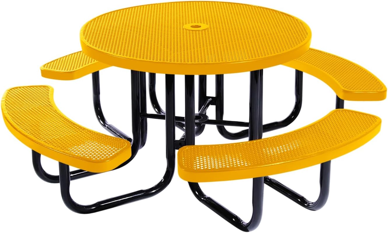 Coated Outdoor Furniture Heavy-Duty Portable Outdoor Picnic Table with Umbrella Hole, Punched Steel Commercial-Grade Patio Dining Furniture Made in America (46