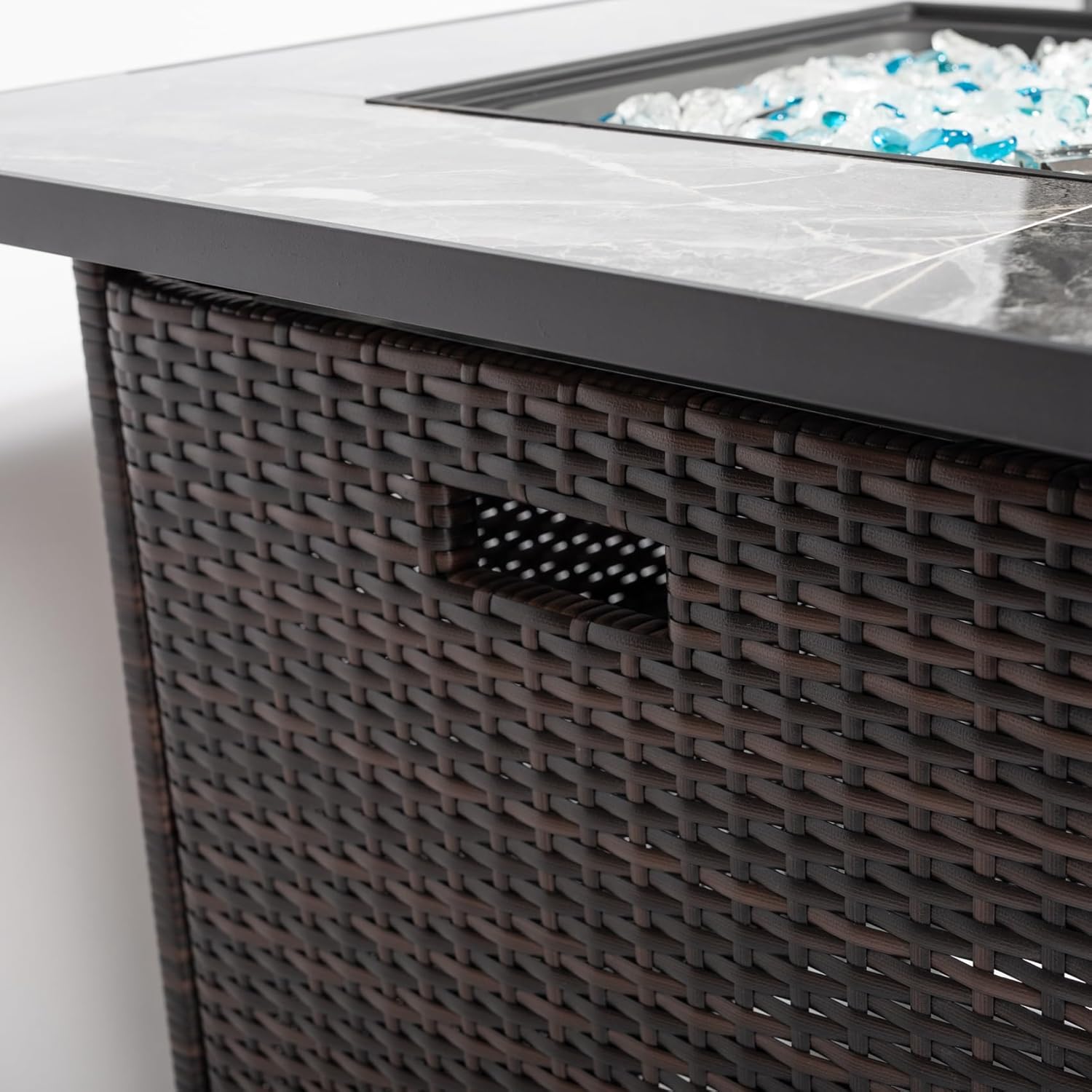 Propane Fire Pit Table, 40,000 BTU Gas Fire Pit, Wicker Patio Outdoor Fire Table, 30 Inch Square Gas Firepits for Outsides Backyard with ETL Certification, Glass Rocks, Lid, Cover, Brown