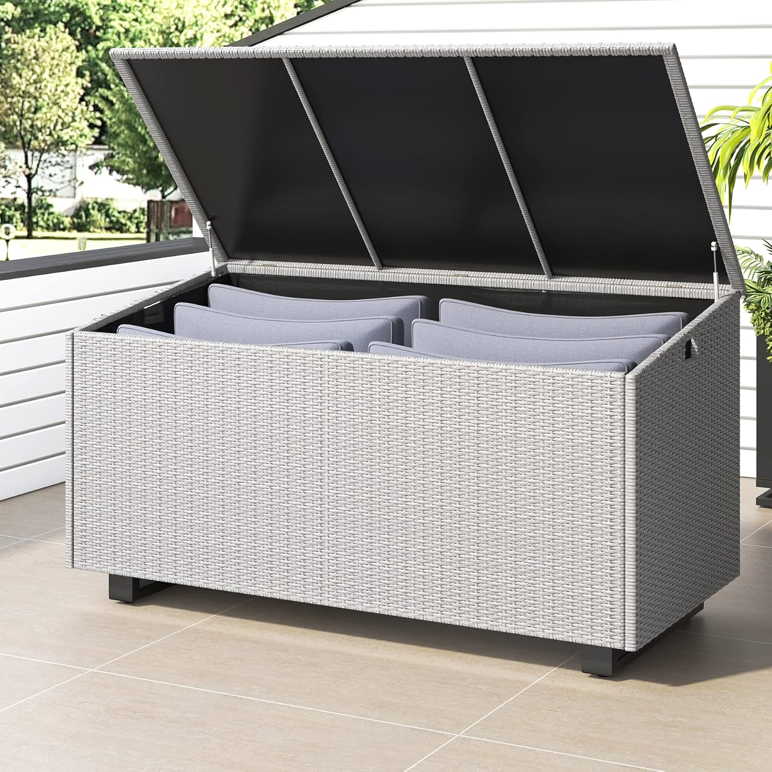 Lepus Large Outdoor Waterfroof Deck Box, 210 Gallon Rattan Deck Storage Box with Built-in Waterproof Bag for Seat Cushion on Patio Garden, Poolside (210, Grey)