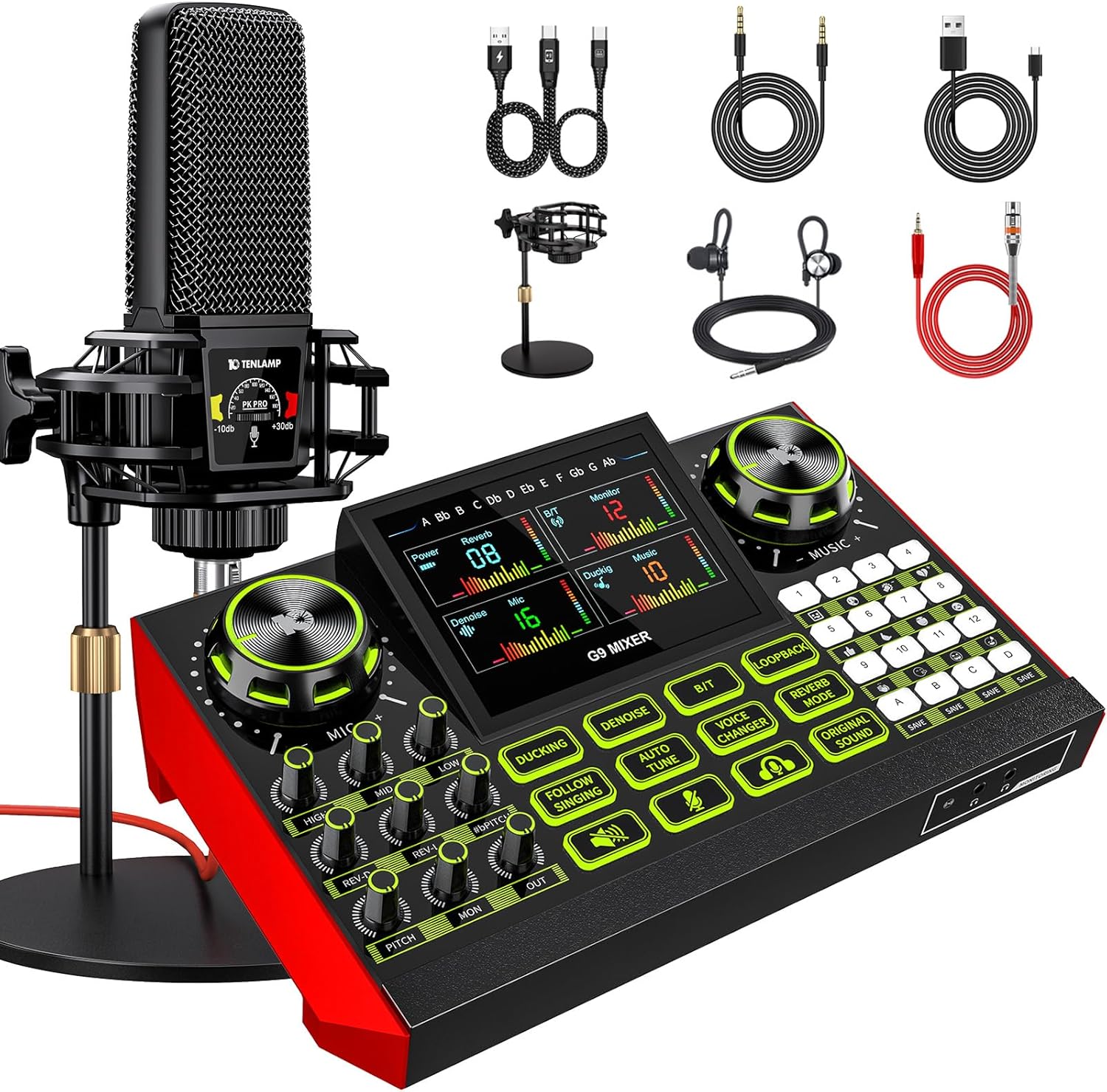 Podcast equipment bundle with live sound card audio mixer, podcast equipment with 3.5mm microphone, soundboard for phone, computer, live streaming, singing, recording, and content creation.
