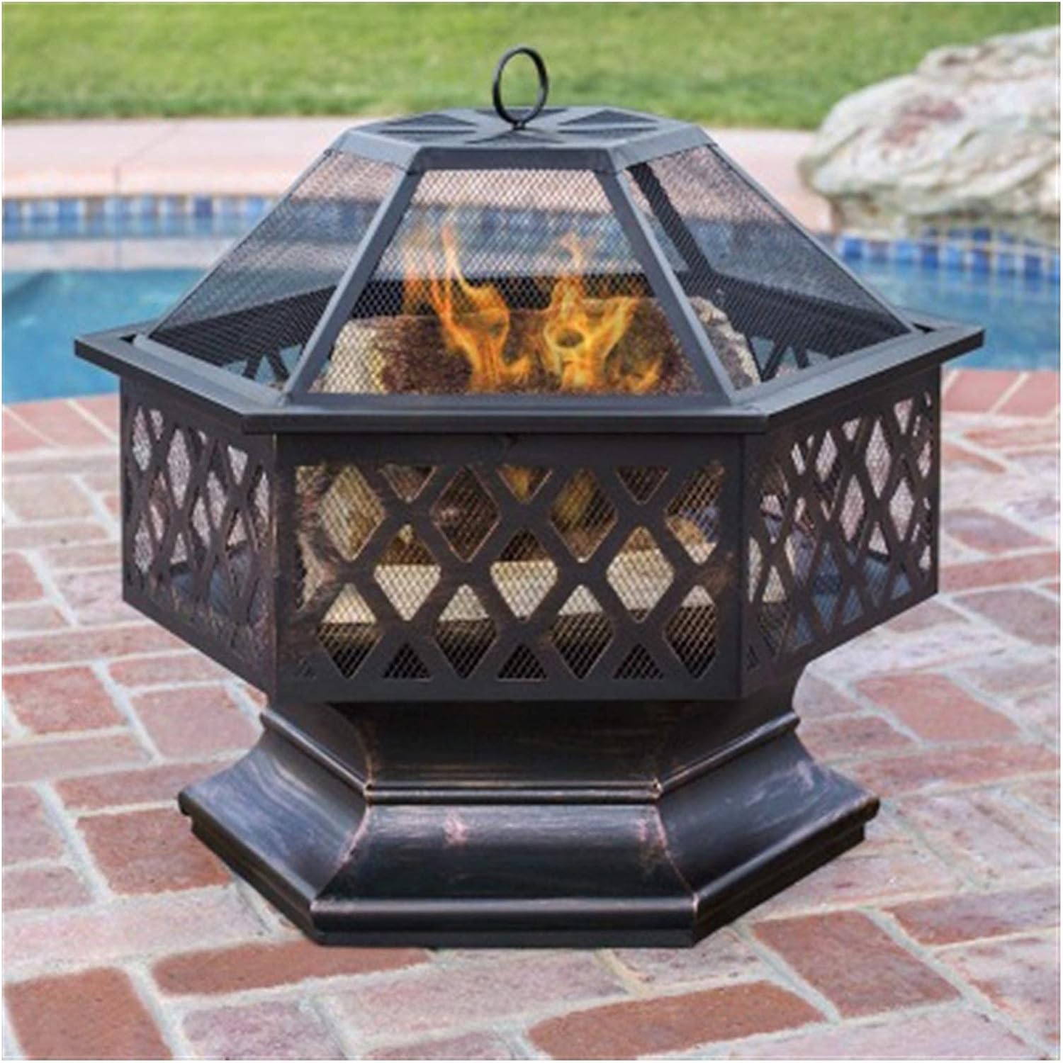 Metal Fire Pits in The Garden,Large Bonfires with Wood Burning,Terraces and Outdoor Fireplaces,There are Spark Screens and Round Fireplace Covers Outside The Fire Pits in The Backyard.