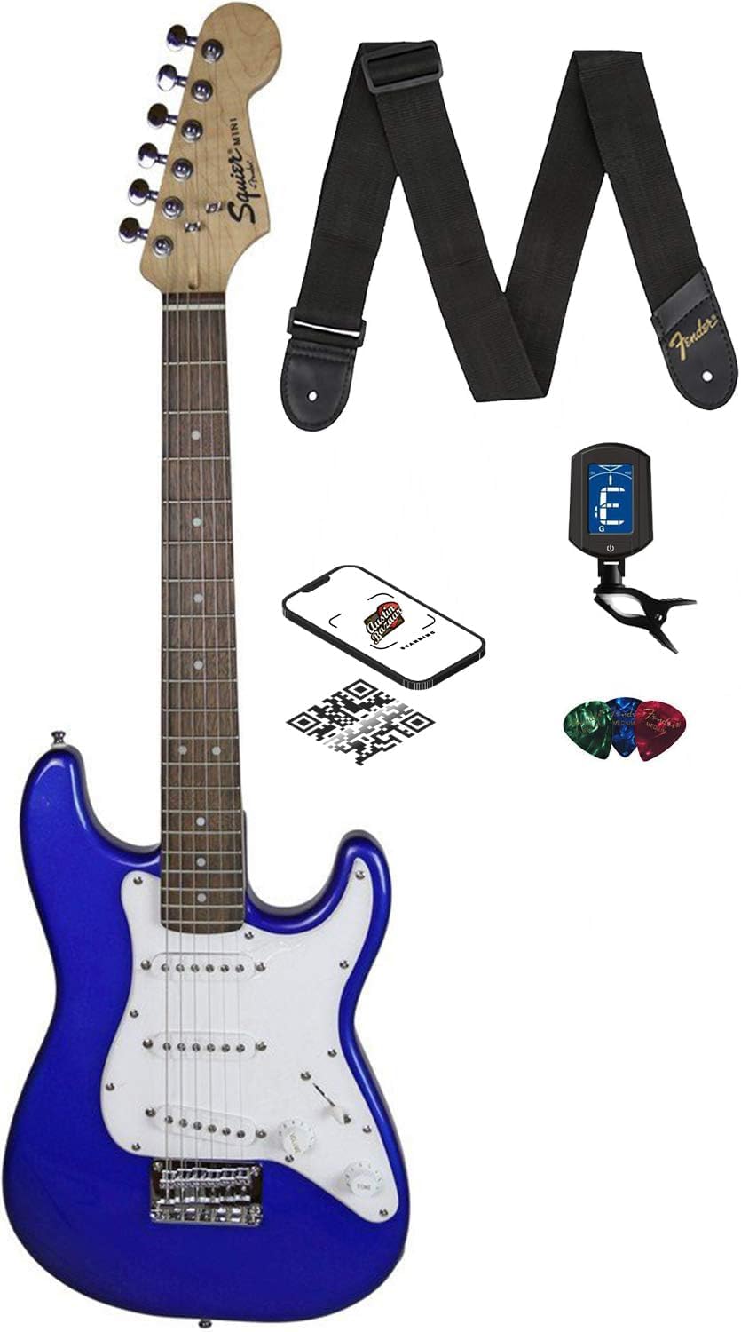 Fender Squier 3/4 Size Kids Mini Strat Electric Guitar Learn-to-Play Bundle with Tuner, Strap, Picks, Fender Play Online Lessons, and Austin Bazaar Instructional DVD - Imperial Blue