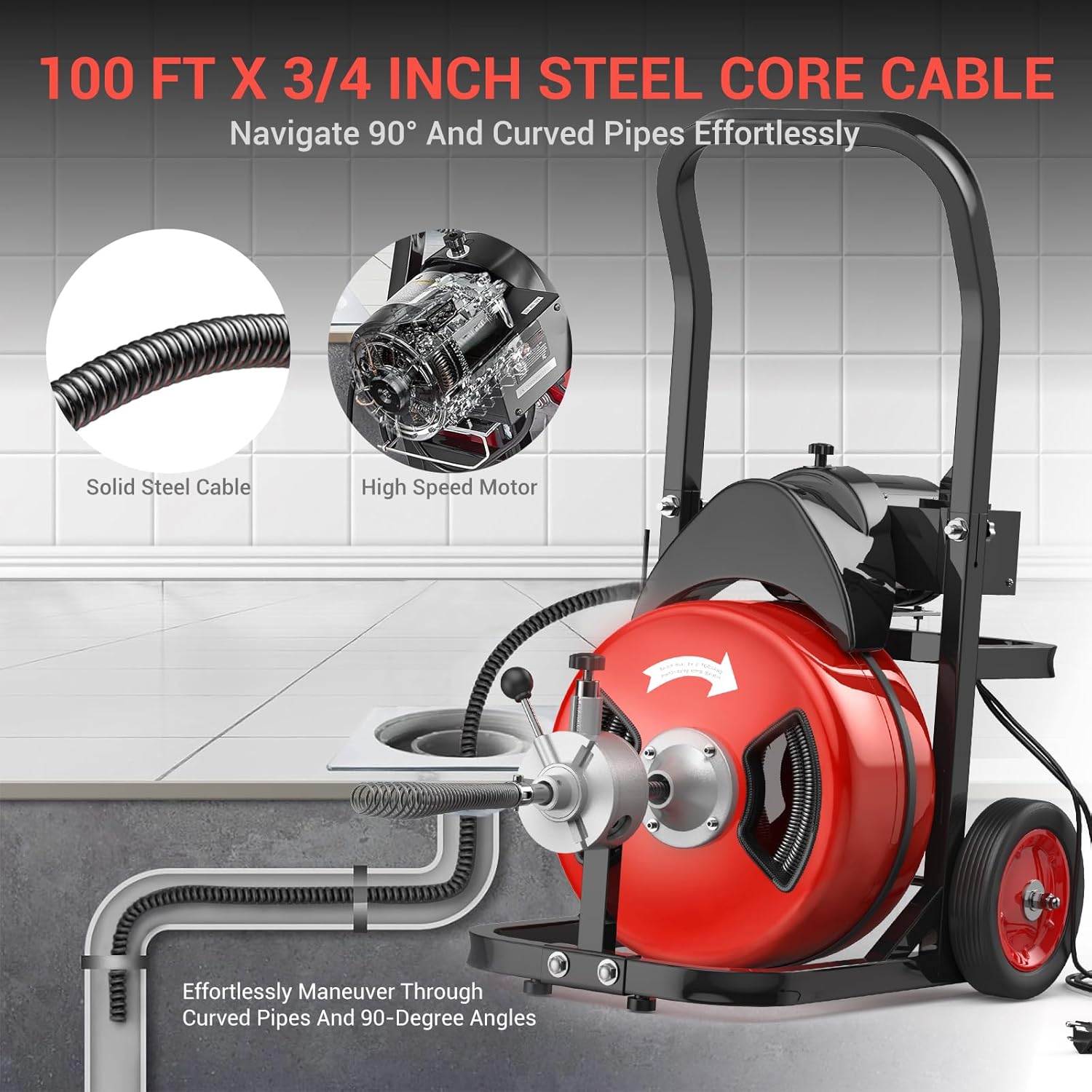 Drain Cleaning Machine 100Ft 3/4 Inch Cable, 450W Auto Feed Portable Electric Sewer Snake, Electric Drain Auger with 4 Cutter Air-Activated Foot Switch for 2