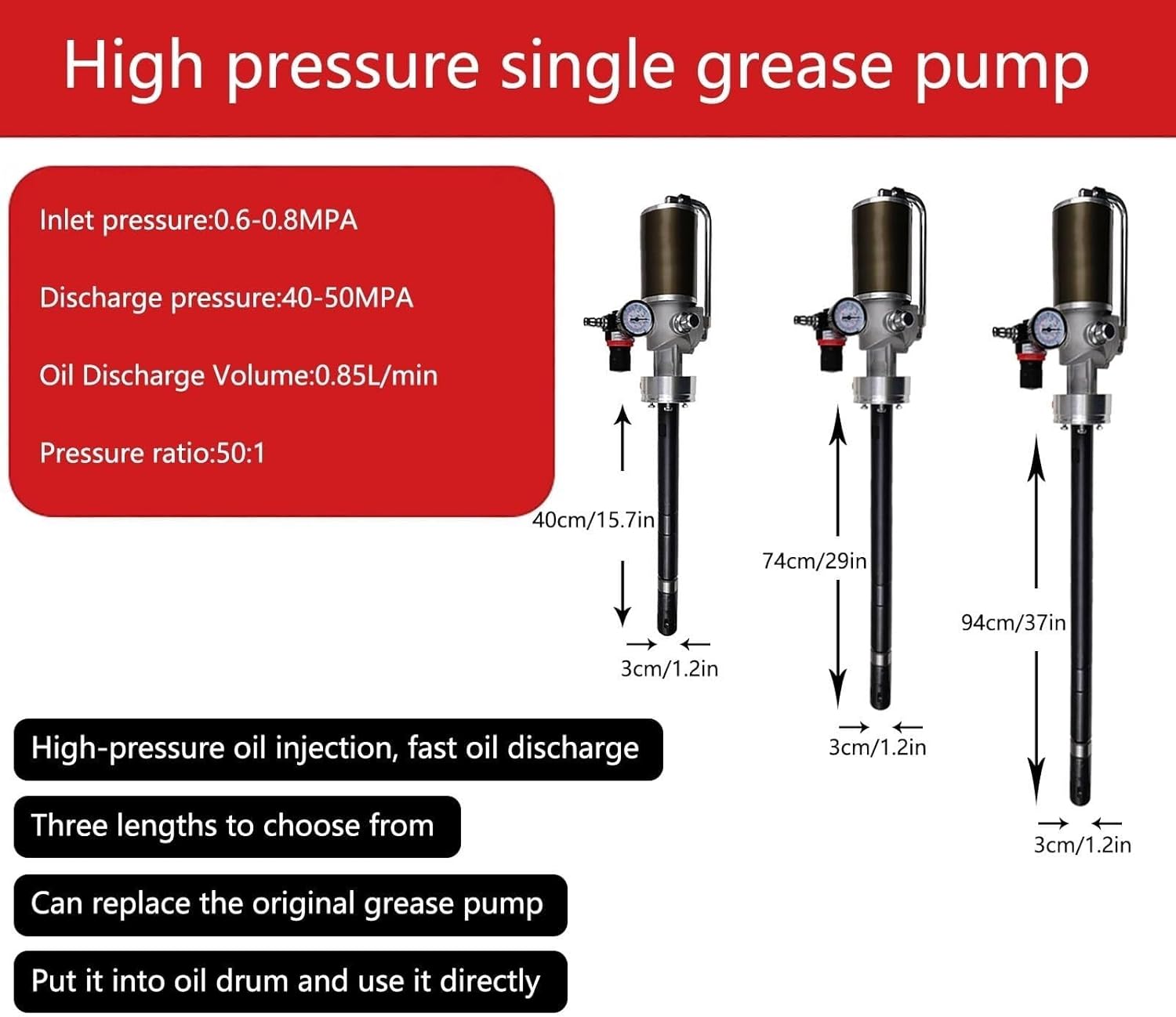 Pneumatic Grease Pump With A Discharge Capacity Of 0.85L/min, Pressure Ratio Of 50:1, Suitable For 5-gallon Drums, For Automotive, Machine Tool And Industrial Lubrication(Pole length 40cm/15.7in)
