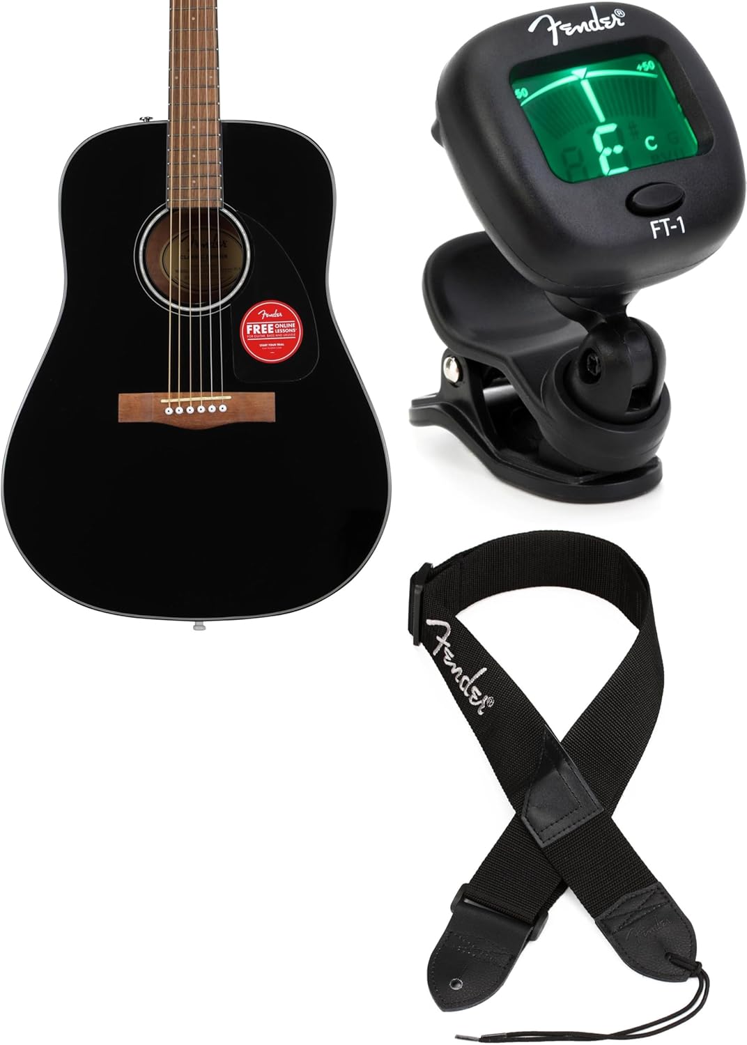 Fender CD-60 Acoustic Guitar, Includes Tuner and Strap, Full-Size Dreadnought, Black Finish, Ideal for Beginners and Intermediate Players