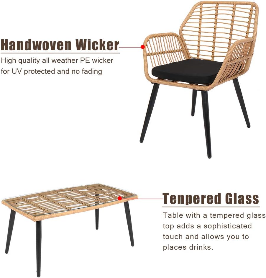 Rattan Garden Furniture 4 Piece Set, Patio Outdoor Conservatory Wicker Chairs Set includes 1 Double seat Sofa, 2 Armchairs and Glass Top Side Table