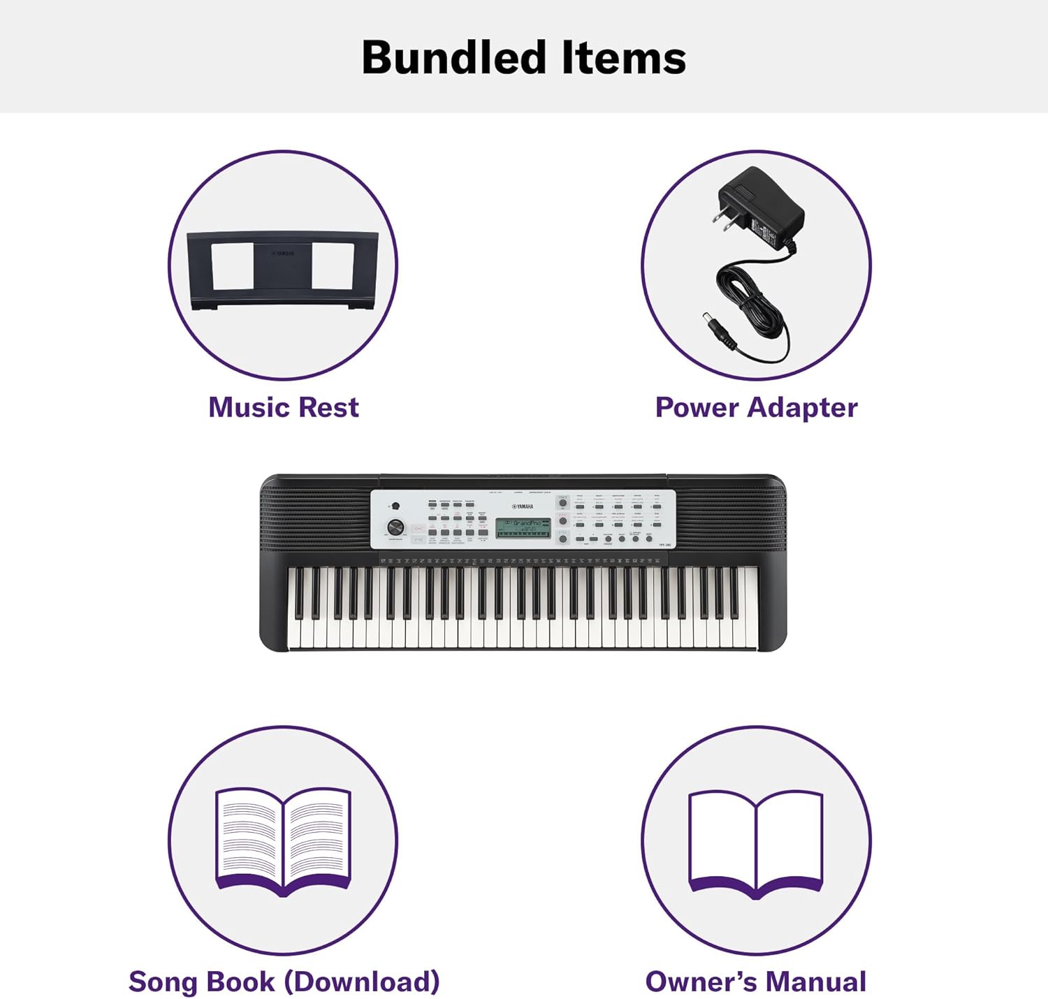 Yamaha 61-Key Portable Keyboard for Beginners with Built-In Songs, Quiz Mode, Music Rest, with Power Adapter YPT280