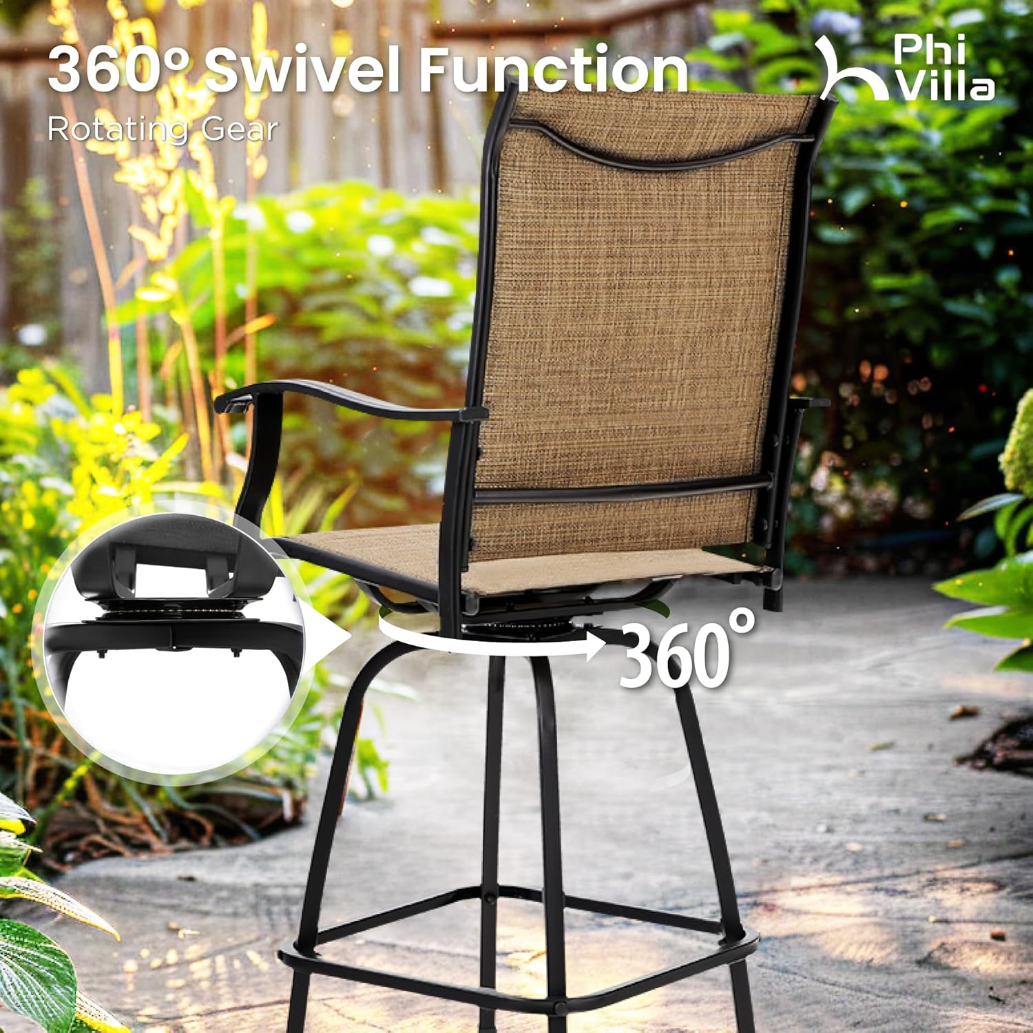 PHI VILLA Outdoor Patio Swivel Bar Set of 11, Textilene Bar Height Chair with Armrest and Wood Like Bar Table, All-Weather Furniture Set for Garden Lawn