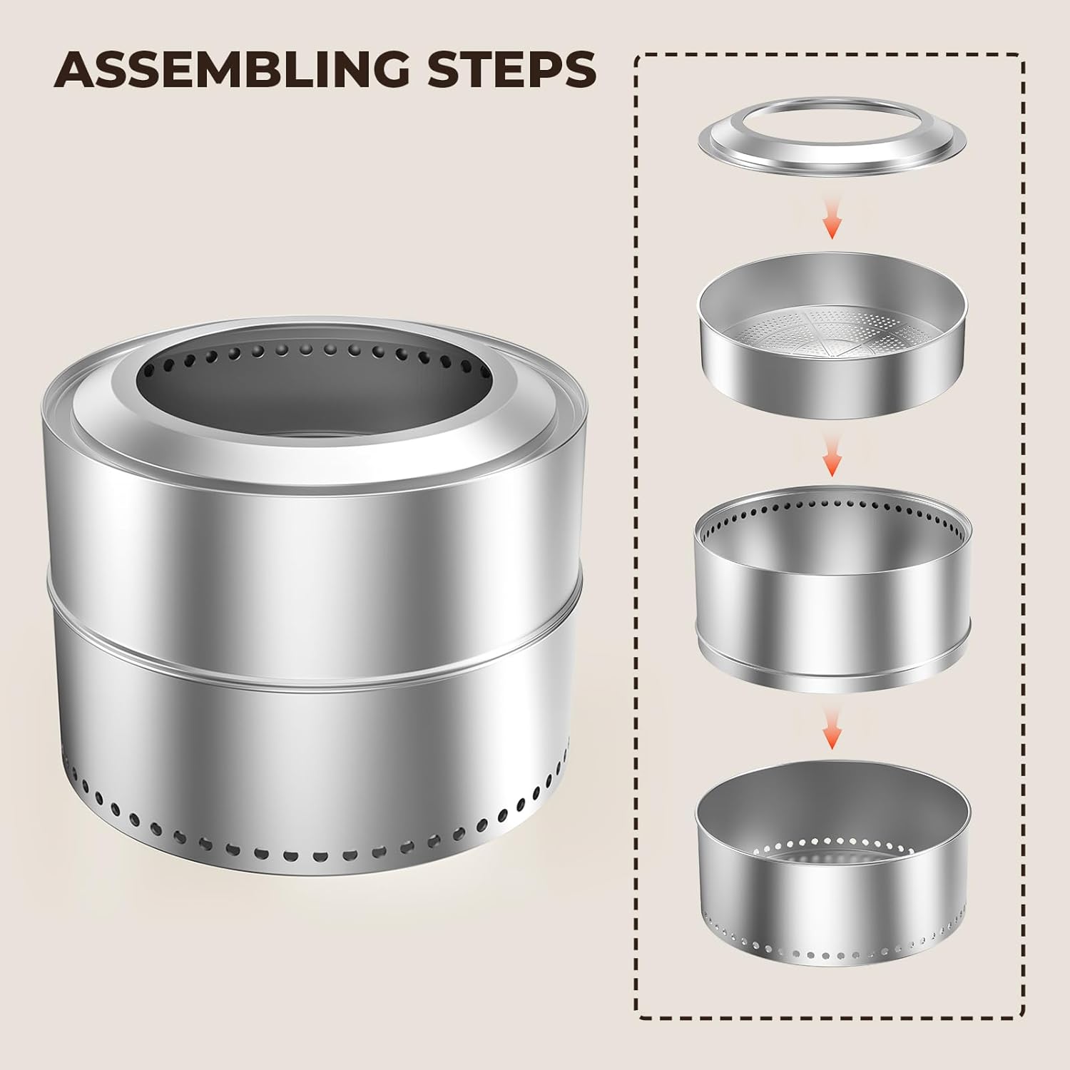 27 inch Smokeless Fire Pit, Outdoor Stainless Steel Smokeless Firepit, Wood Burning Fire Pits for Camping Backyard Patio Garden Picnic, Low Smoke Firepit for Outside