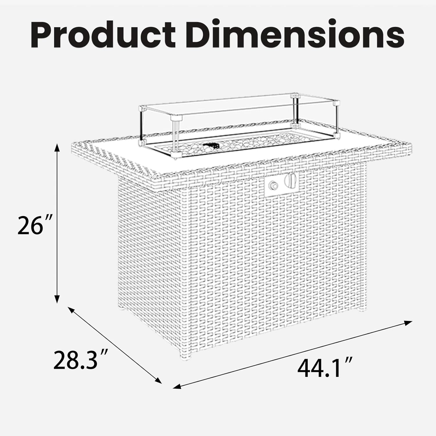 Rectangular Fire Pit Table, 44 inch Propane Gas Fire Pit with Glass Rocks, Wind Guard Glass Shield, Waterproof Cover for Outside Patio Backyard Deck Balcony