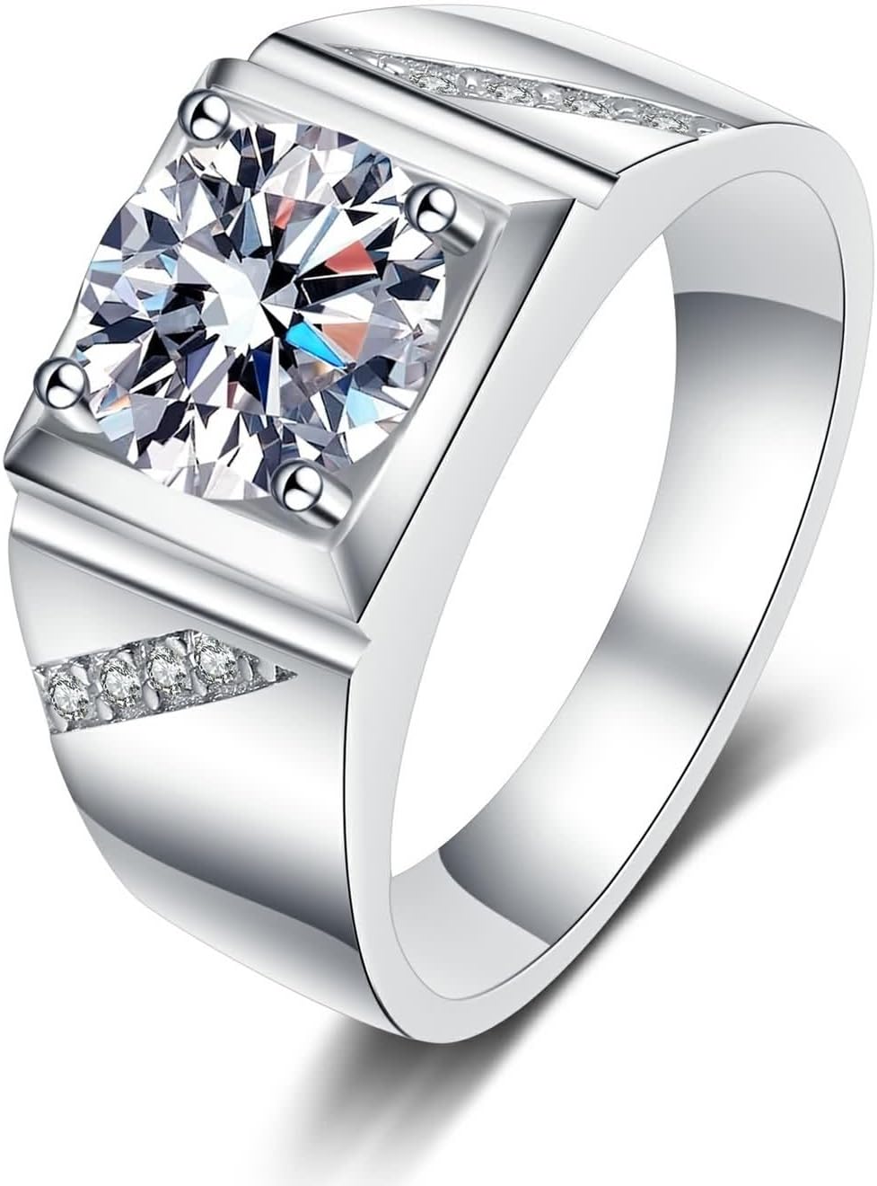 Mens Lab Created Diamond Wedding Ring, Fashion Rings 14K/18K White Gold Square Silver Trendy Jewelry Size 4-10