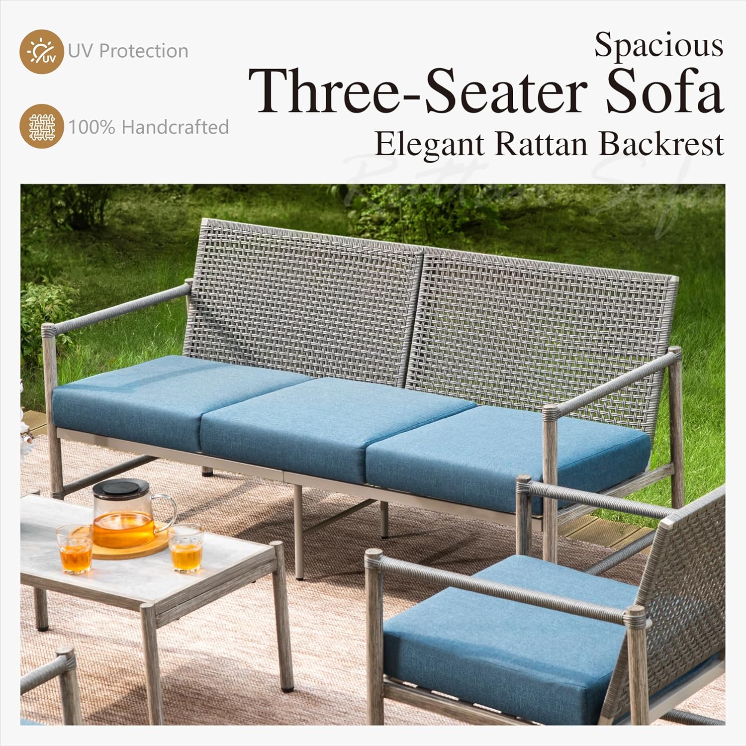 Sophia & William 4-Piece Outdoor Wicker Patio Conversation Set, 3-Seat Sofa, 2 Fixed Sofa Chairs, 1 Fire Pit Table, All-Weather Rattan Patio Furniture for Garden