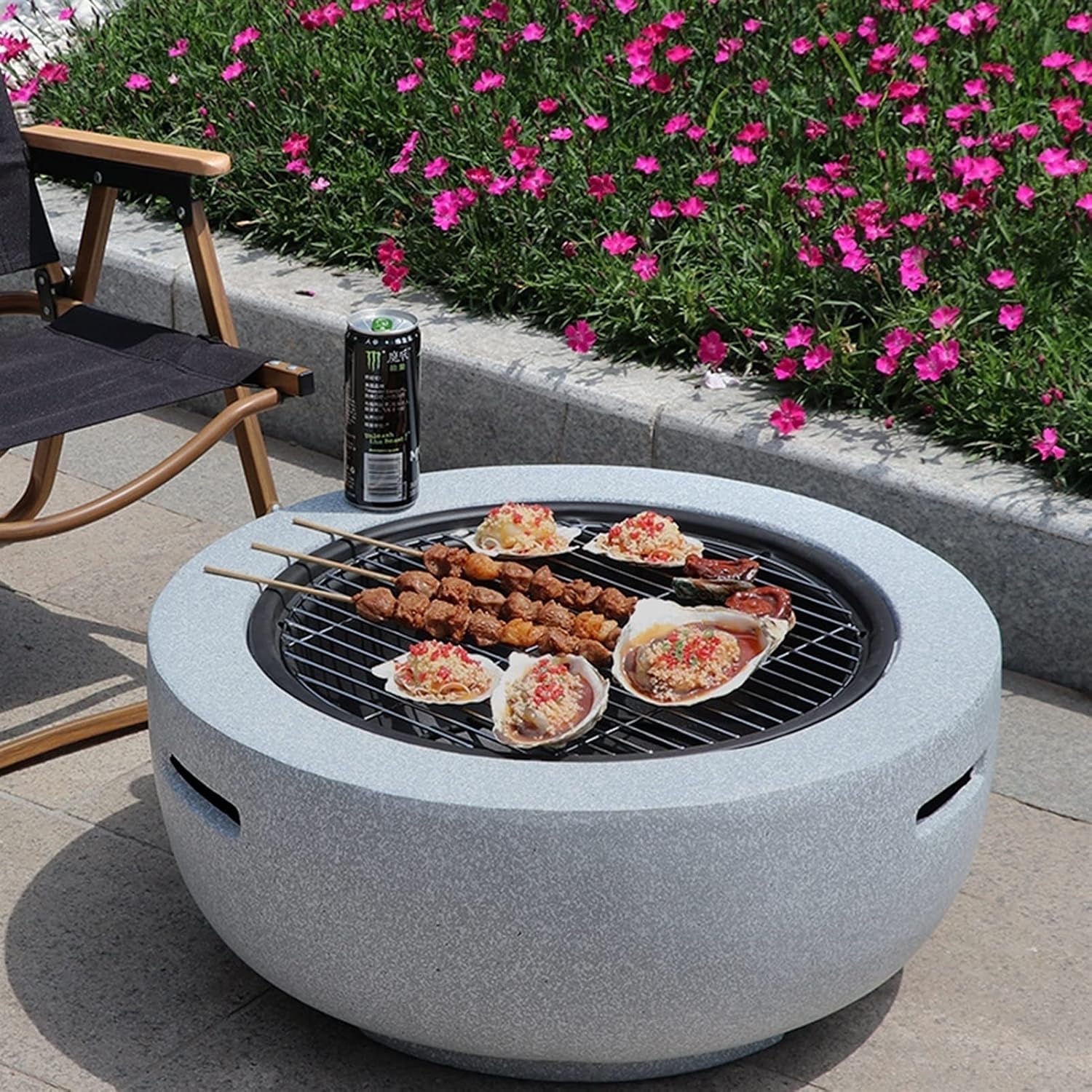 Outdoor Fire Pit Garden Terrace Imitation Stone BBQ Table, Outdoor Wood Burning Fire Bowl with Sparkle Screen Cover and Poker, Outdoor Fireplace