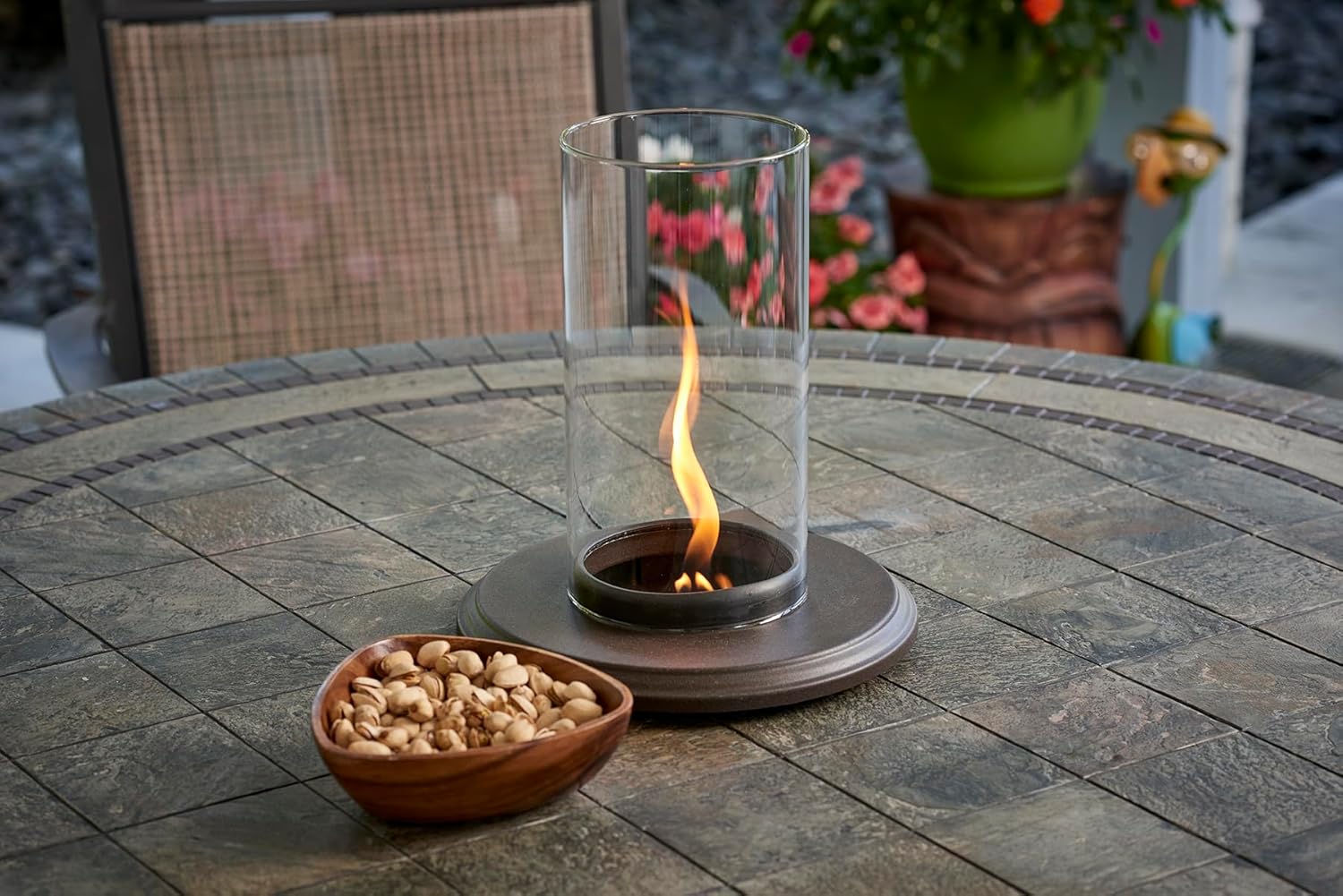 Outdoor GreatRoom Co Tabletop Fire Pit - Glass Lantern for Outside Patio Table with Umbrella Hole - Table Top Firepit Works with 1-Pound Propane Gas Tank for Up to 6 Hours (2,400 BTU)