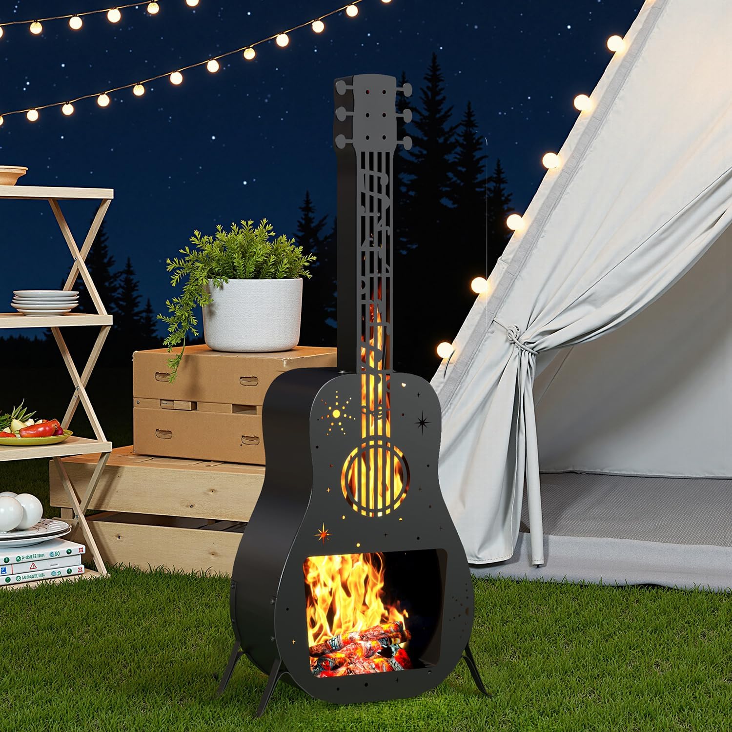 Outdoor Fire Pit for Wood Burning, Fire Pits for Outside, Guitar Shaped Chiminea Outdoor Fireplace, Wood Firepit for Patio, Portable Fire Pit for Camping