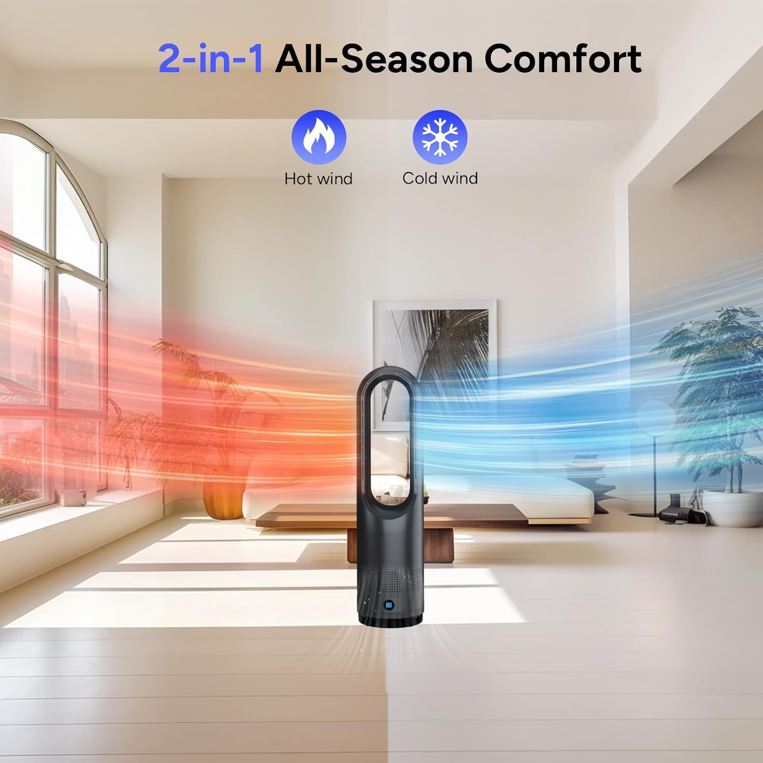 Bladeless Heater Fan,22Inch Heating & Cooling Combo Tower Fan 80° Oscillating, 9H Timer, 8 Speeds, Portable Quiet for Indoor, Bedroom, Home Office Room