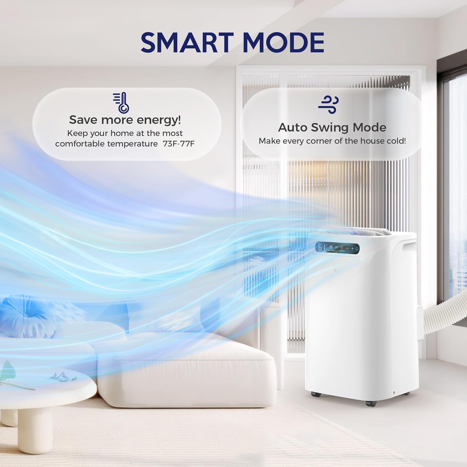 14000 BTU Portable Air Conditioners with Heater, Remote Control, 4-in-1 Free Stand Smart Cooling AC Unit with Heating, Dehumidifier, Fan Mode for 550 to 700 sq.ft Room,Auto Swing,Timer,White