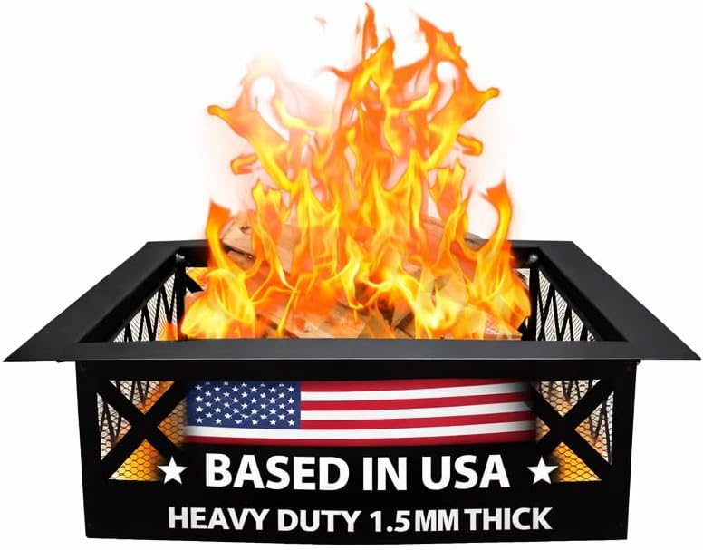 FEBTECH Portable Fire Pit Ring Square - Solid Carbon Steel 36 Inch Square Fire Ring Insert with Crossweave Design & in-Built Spark Protective Mesh – Perfect for Outdoor Gatherings & Camping Bonfires