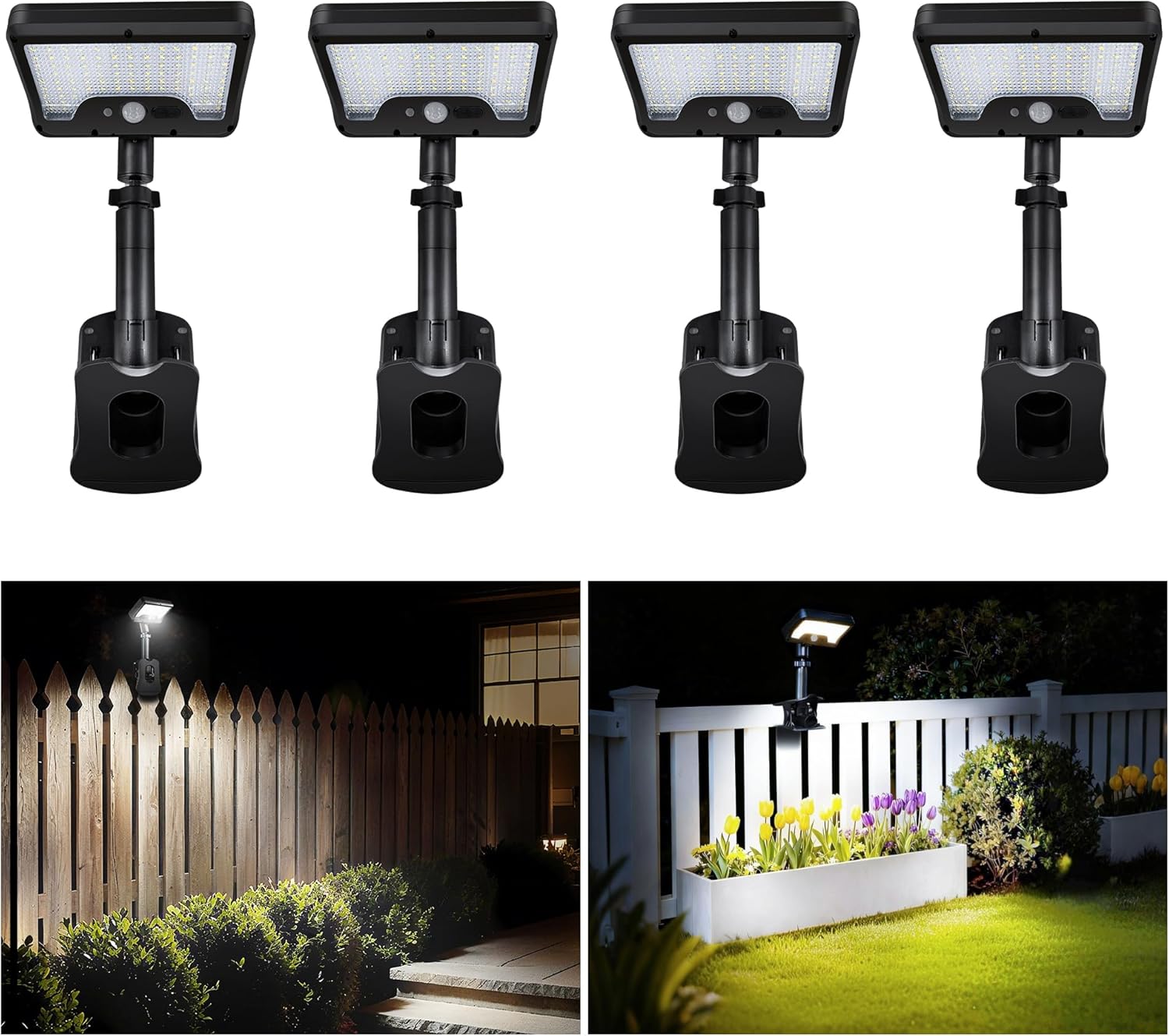Solar Motion Light Outdoor, 3CCT Clip On Fixture, 600LM 1500mAH Type-C USB & Solar Powered, IP65 Waterproof with Remote for Porch, Tree, Wall, Black [4-Pack]