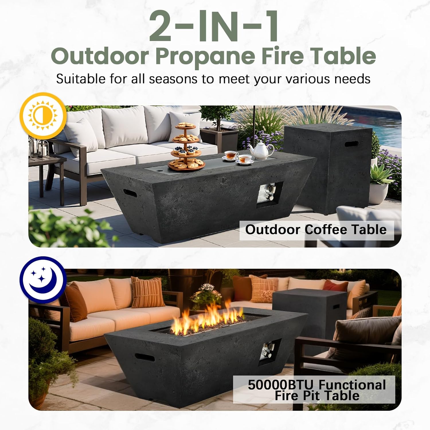 ECOTOUGE Trapezoid Gas Fire Pit, 42'' Outdoor Propane Firepit Table Set w/Side Handles, Auto-Ignition Steel Fire Table, 50,000 BTU Concrete fire Pit, Weather-Resistant Pit Cover,smokeless, Black