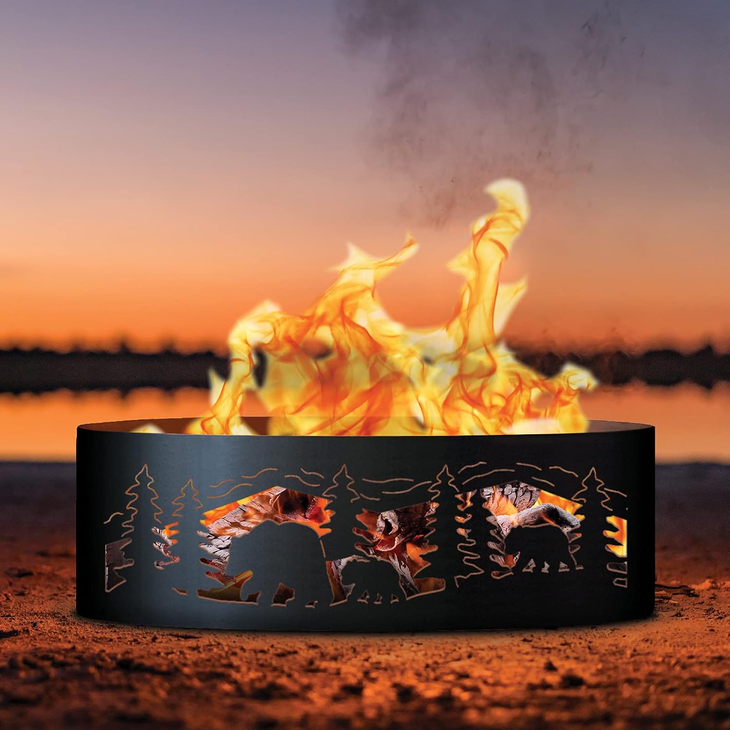 PD Metals BCR00437-FP Bear N Cubs Unpainted 12 in. Tall 37 in. Diameter Outdoor Fire Ring with Fire Poker - 37 x 37 x 12 in. - Rustic Black Color