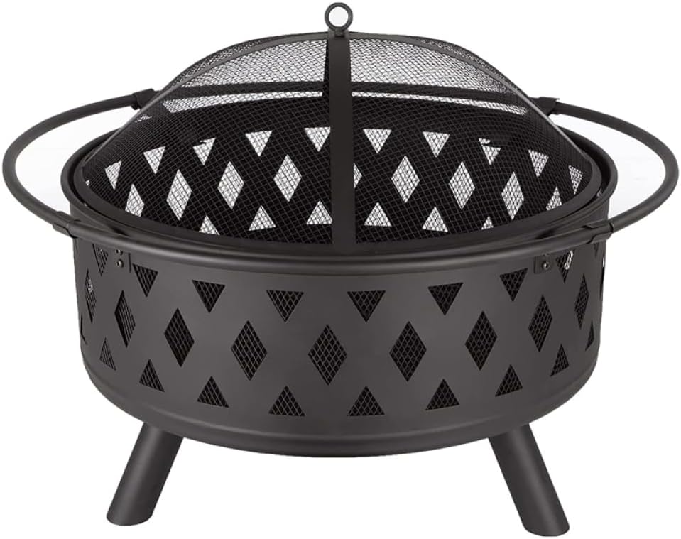 Large Round Fire Pit with Net Cover, Fire Poker & Diamond Mesh - Metal Wood Burning Outdoor Fire Pit for Courtyards, Backyards, Gardens - Ideal for Bonfire Parties, Christmas, Thanksgiving, Halloween