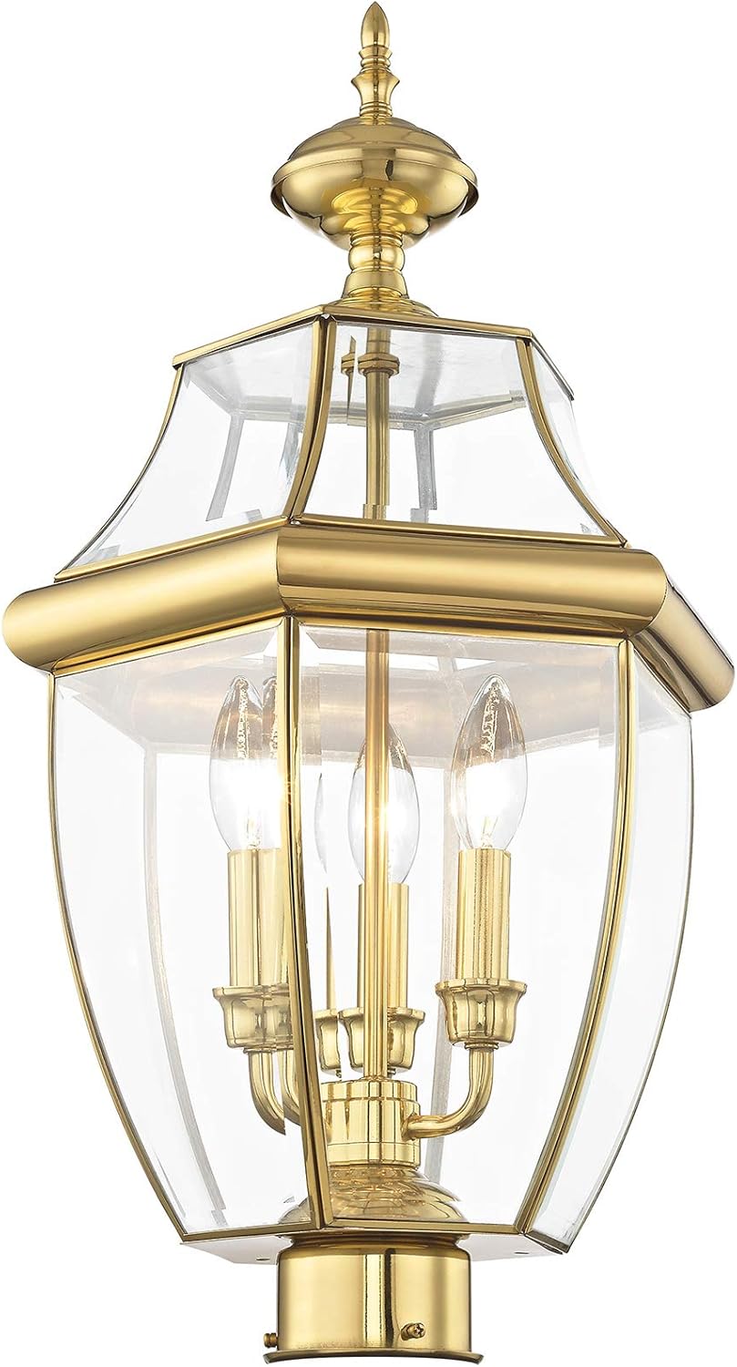 Livex Lighting Lantern 2354-02 Monterey 3 Light Outdoor Polished Brass Finish Solid Brass Post Head with Clear Beveled Glass, 17