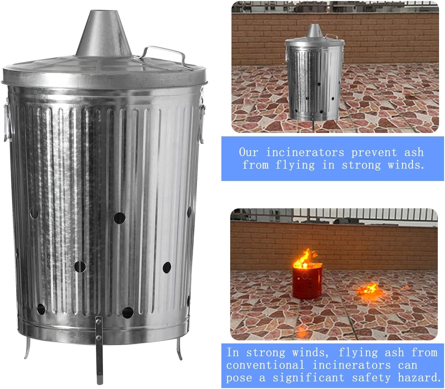 Galvanized Trash Can, Burn Barrel, Burn Pits for Backyard, Fire Pit, for Paper Leaf Paper Trash Wood Backyard Bonfire(White)