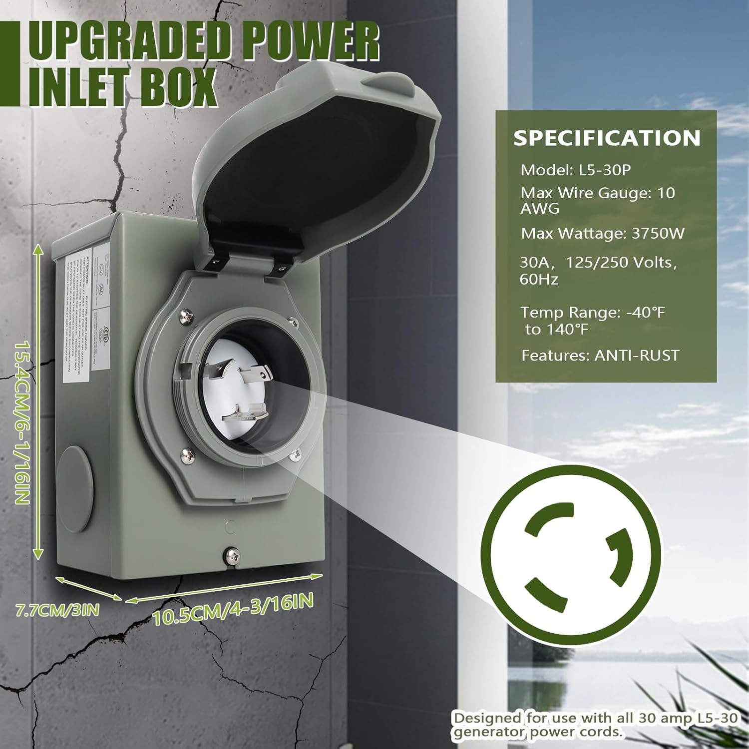 Wadoy 3 Prong Generator Cord 30 Amp, Yellow SJTW 3X10AWG Generator Power Inlet Box and 25Ft Generator Power Extension Cord NEMA L5-30P to L5-30R 125V, 3750W Power Inlet Organizer Combo Kit ETL Listed