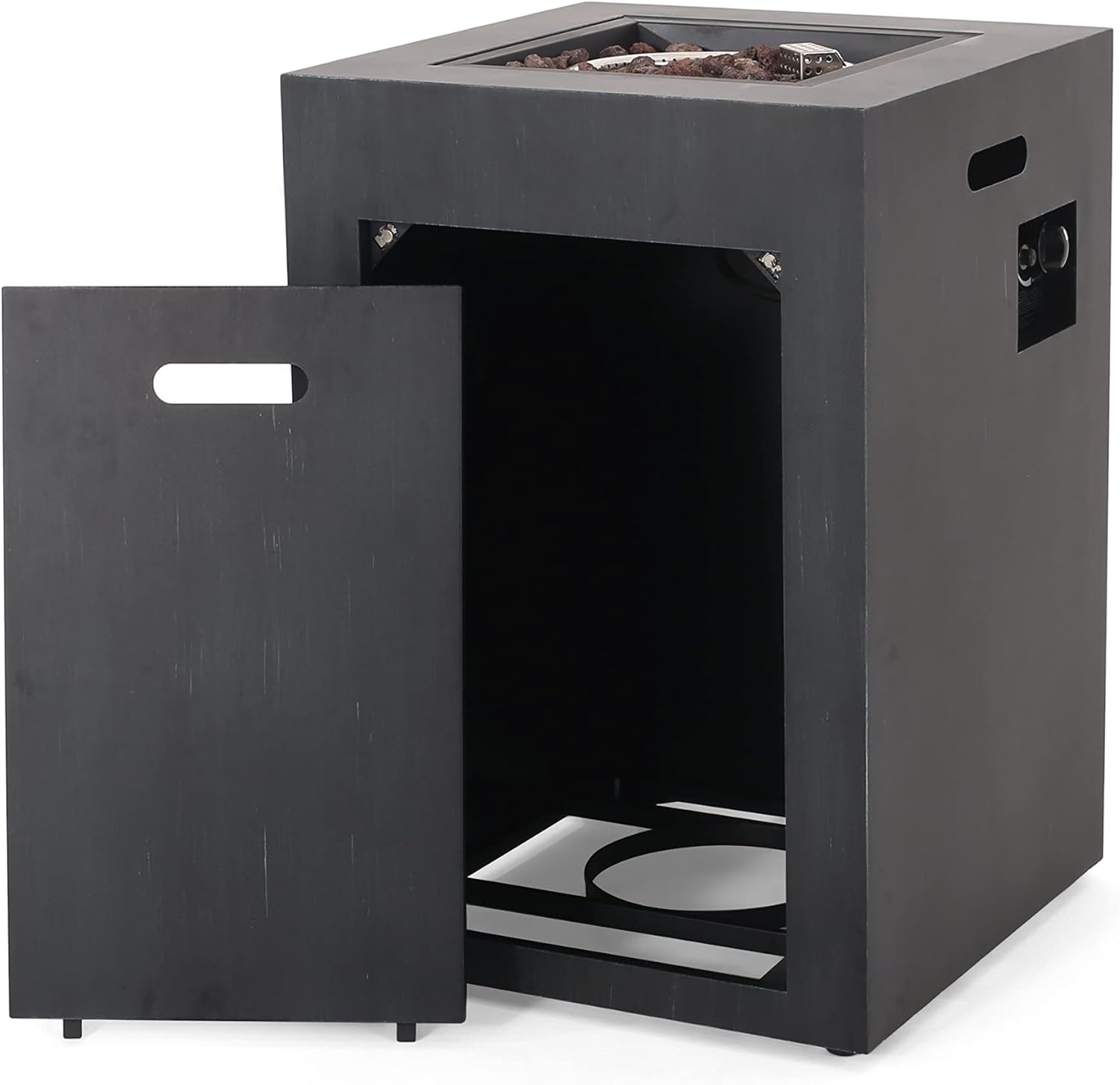 19.5 Inch Square Propane Fire Pit with Hidden Tank Space, 30,000 BTU Outdoor Fire Pit in Brushed Black, Compact Iron Fire Pits for Patio Deck Garden, Portable Heating Column Design, Only Table - 730K