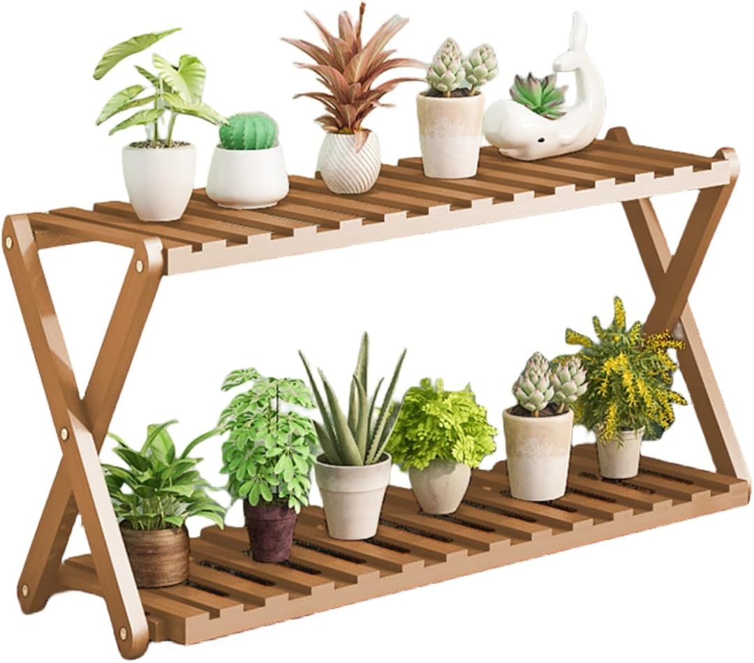 2 Tiers Multi-Layer Household Storage Rack, Flower Rack, X-Cross Design, Wood Plant Stand Indoor Outdoor, for Plant Display in Patio Balcony Entryway Porch Living Room (70CM,Dark Brown)