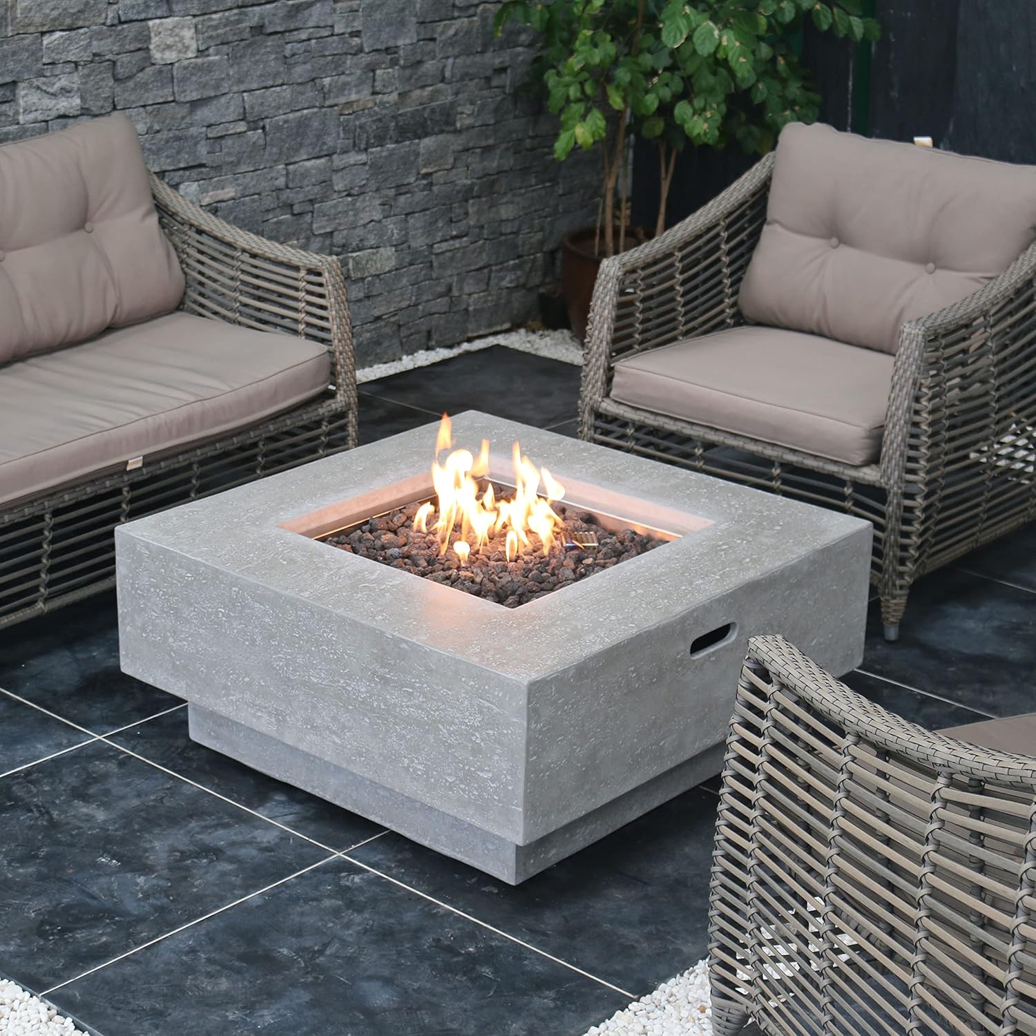 Elementi Manhattan Outdoor Gas Firepit Table 36 Inches Natural Gas Fire Pit Patio Heater Concrete High Floor Clearance Firepits Outside Electronic Ignition Backyard Fireplace Cover Lava Rock Included