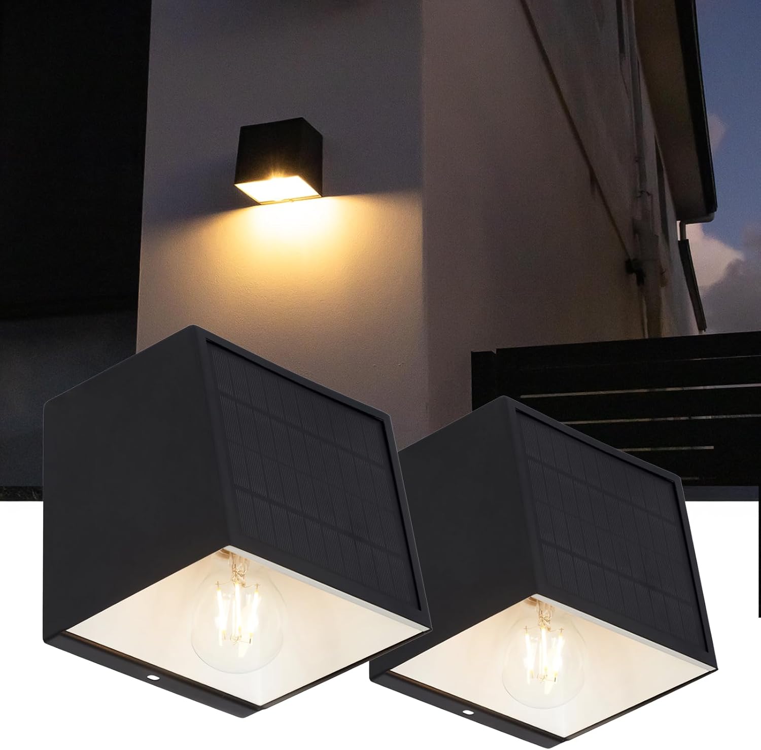 Solar Sconce Lights Outdoor, High Brightness Front Porch Lights, Stainless-Steel Wall Mounted Waterproof, Modern Black Exterior Lighting for Outside Entryway, Door, Yard, Warm White 2Pk