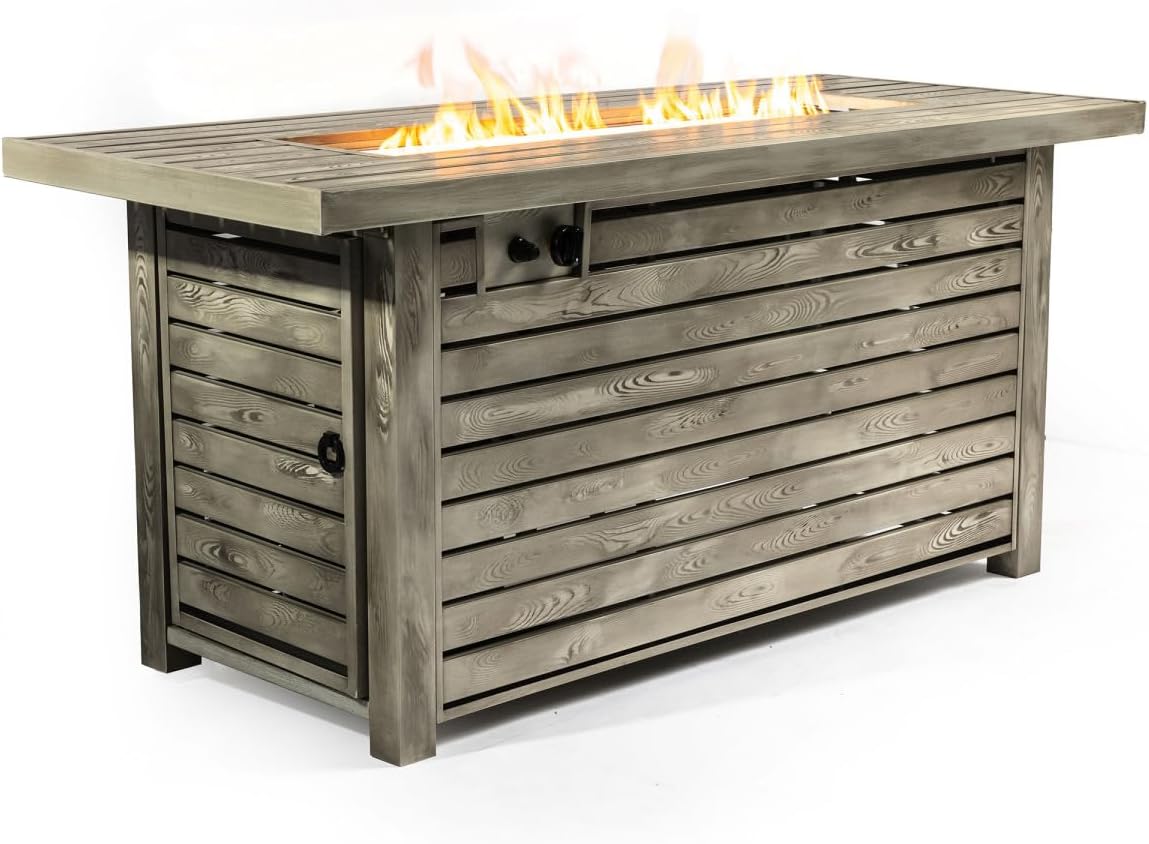 54-inch Rectangular Propane Fire Pit Table, 50,000 BTU Steel Outdoor Gas Fire Pit with Wood Grain Finish & Lava Rocks for Patio, Deck, Garden - Light Beige