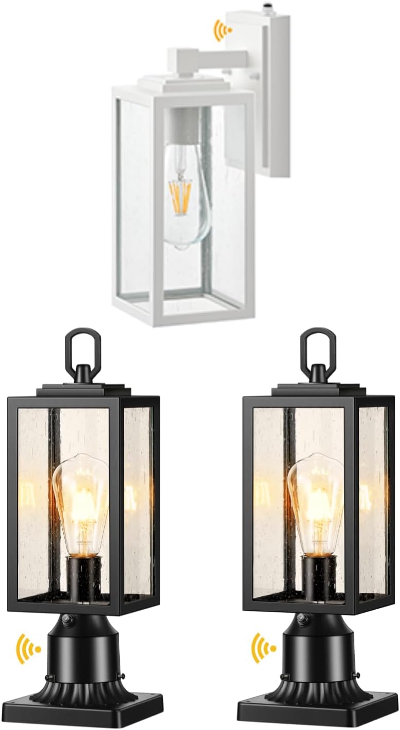 VIANIS Large Dawn to Dusk Outdoor Light Fixture, White Exterior Lighting Wall Mount Sconce, Outdoor Lamp Post Light Hardwired 120V, Dusk Dawn Driveway Lamp Post Light Fixture 3-inch Pier Mount Base