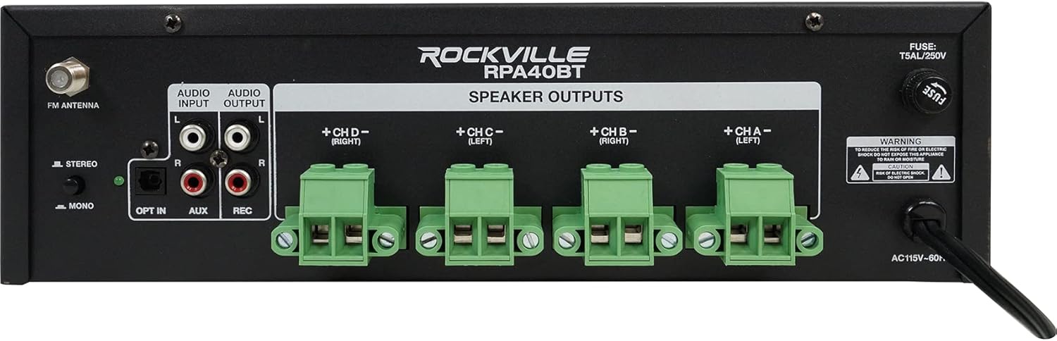 Rockville RPA40BT 1000W 4-Zone Home Stereo Bluetooth Amplifier Receiver, Multi-Room Audio, RCA/USB/SD/Optical Inputs, Mic Mixer w/Echo, FM Radio, for Home Entertainment and Small Venues